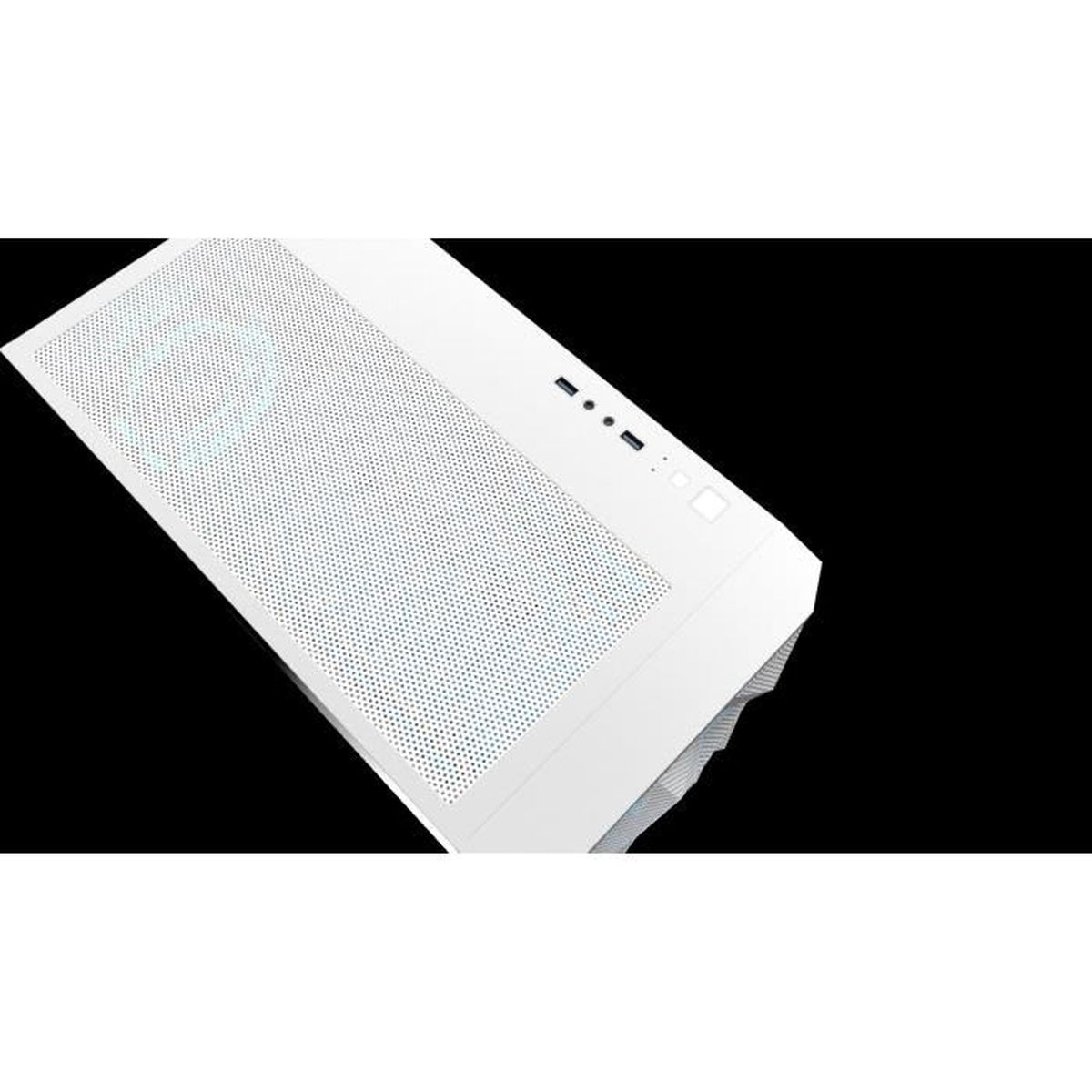 Un case per computer bianco con pannello frontale perforato. Il pannello laterale è nero. La parte superiore ha pulsanti e porte.