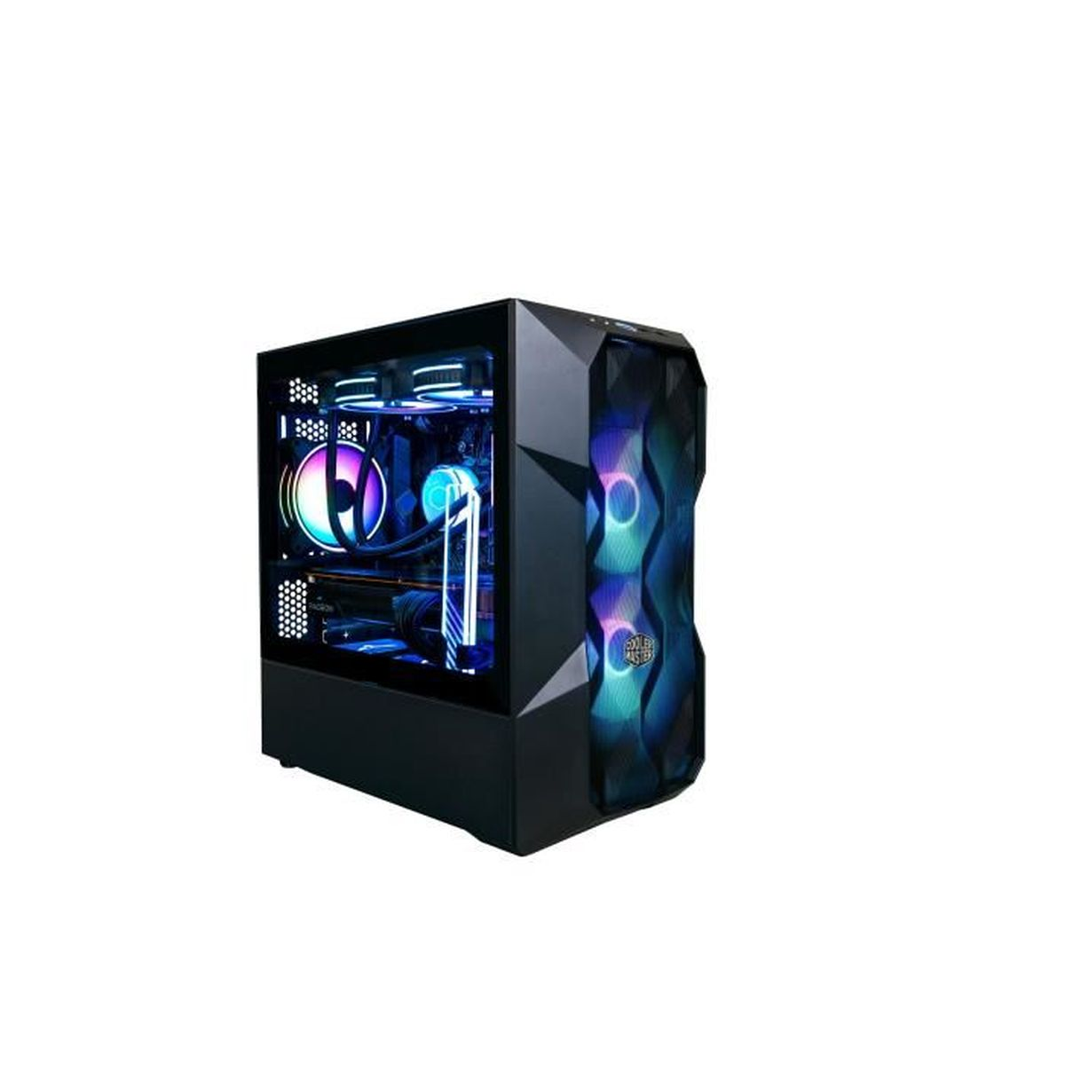 Black PC case with internal components visible. It has RGB lighting and a clear side panel.