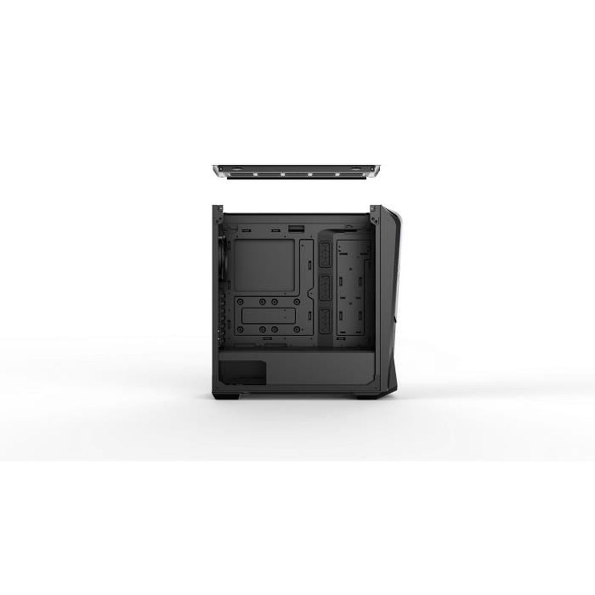 Black PC case with a removable top, open interior, white background.