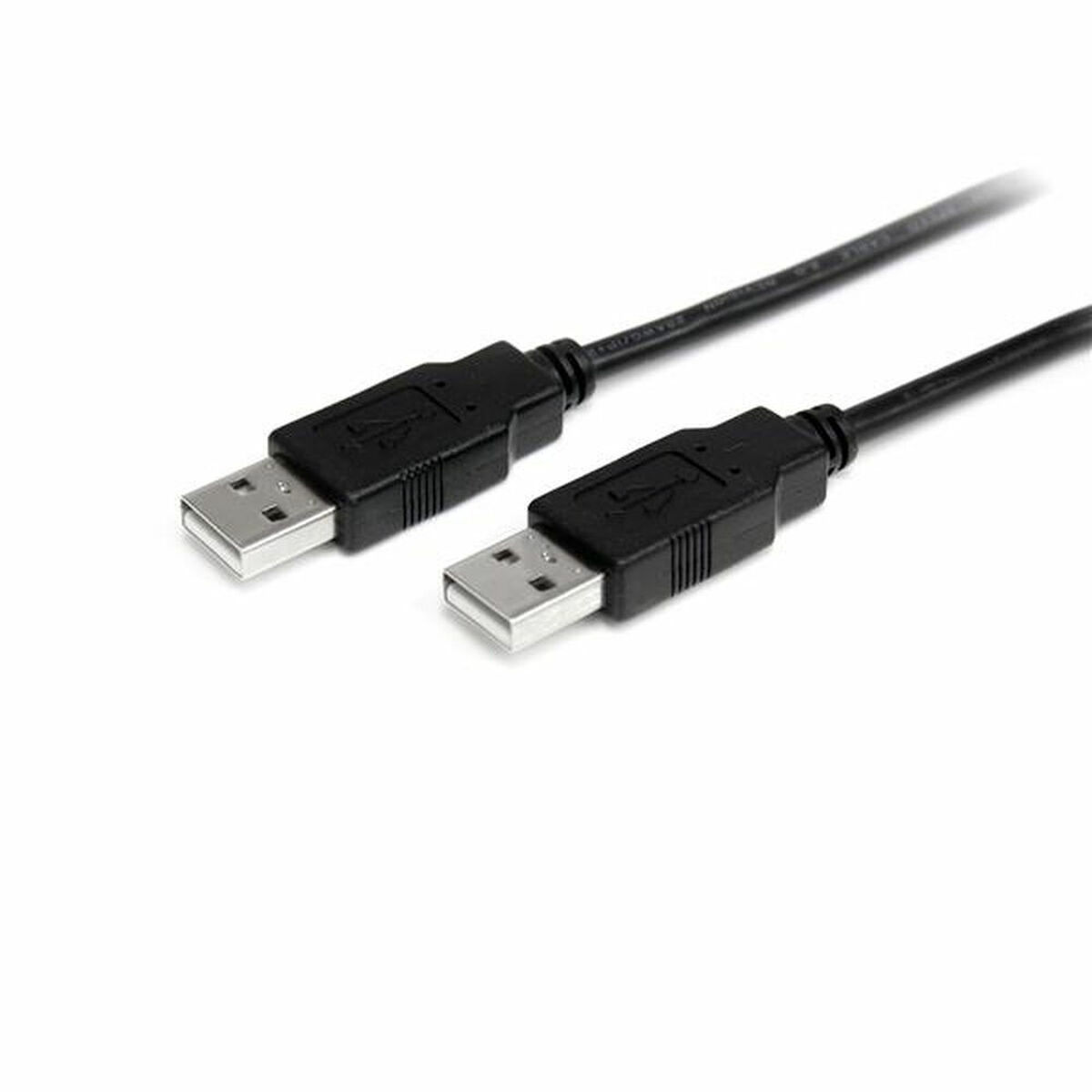 Due cavi USB neri. Entrambi hanno un connettore USB A e un connettore USB B. Sfondo bianco.