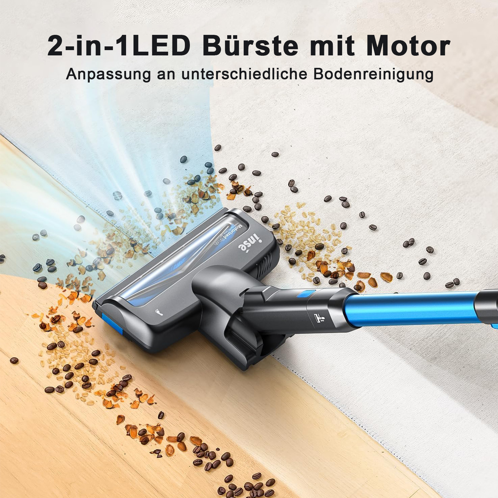 Staubsaugerkopf reinigt Teppich, Holzboden sichtbar. Trümmer und Text sichtbar. Blaues Licht.