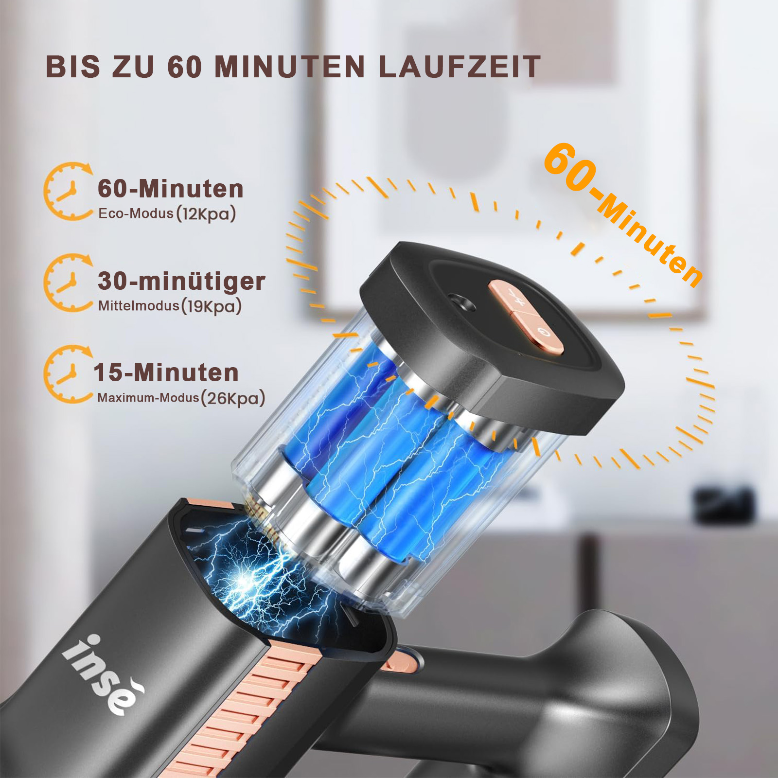 Vakuumreiniger-Schema mit Akkulaufzeit-Anzeigen: 60, 30 und 15 Minuten.