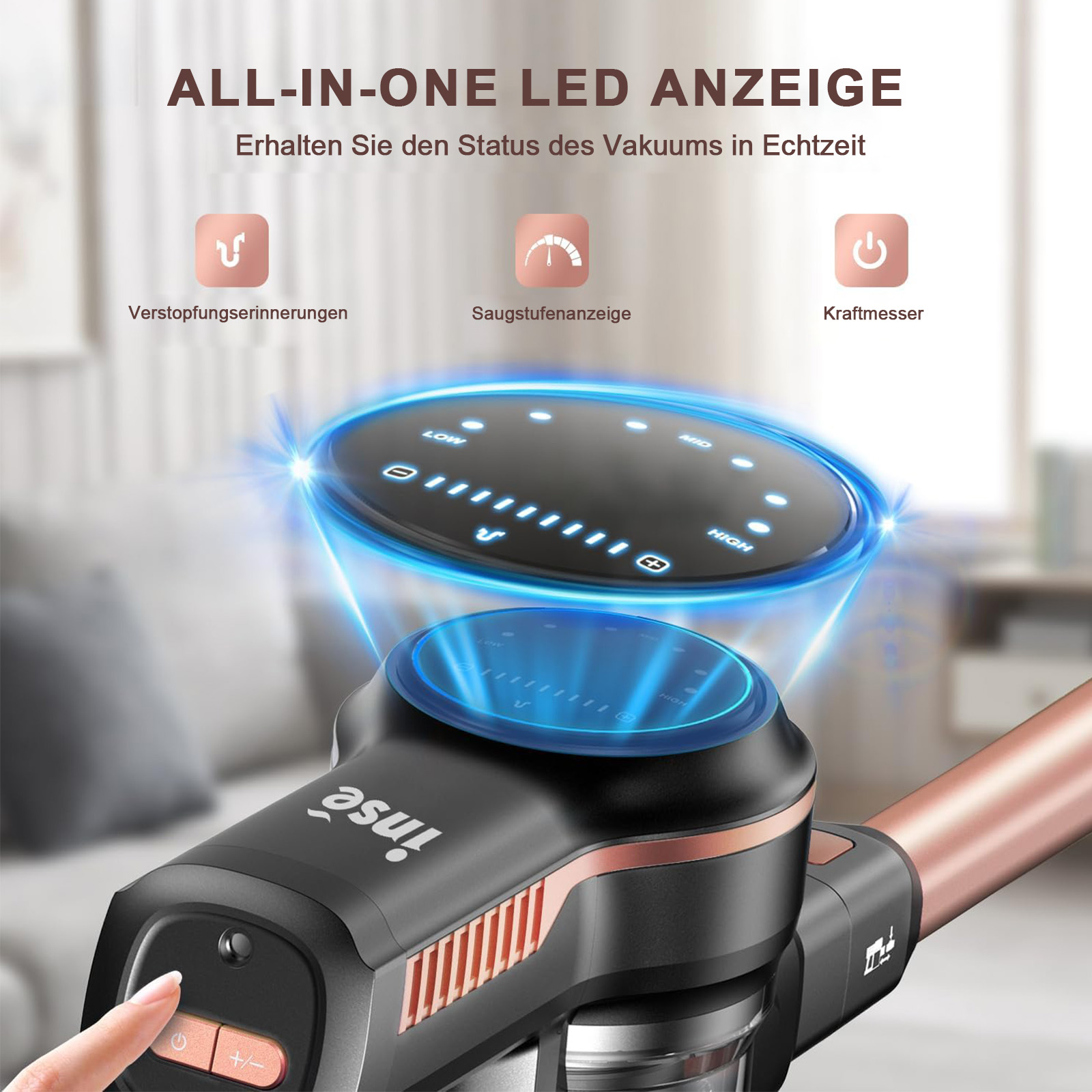Ein schwarzer Handstaubsauger mit LED-Anzeige. Ein Finger berührt das Bedienfeld.