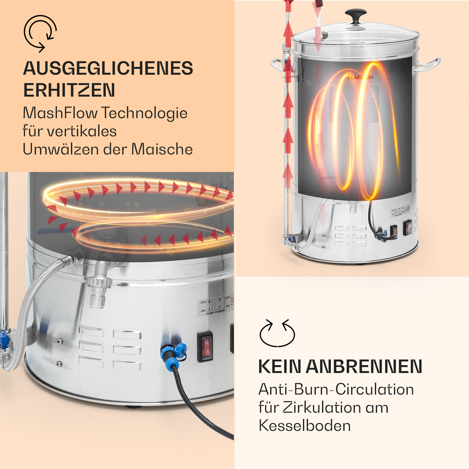 Una macchina con il testo 'KEIN ANBRENNEN' e diagrammi. È una macchina per la produzione di birra argentata con piano in vetro.