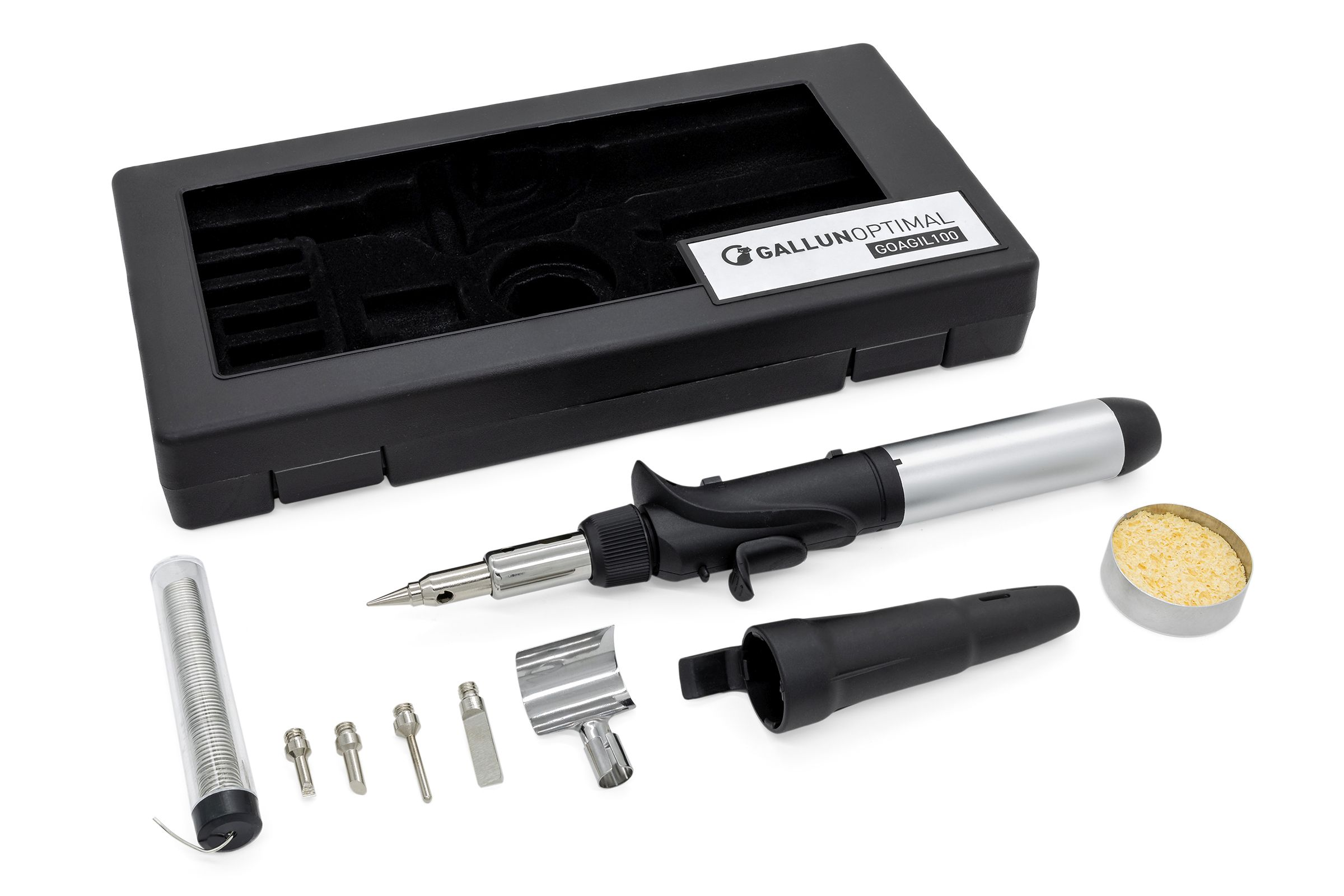 Schwarzes Lötkolben-Set mit mehreren Werkzeugen und Zubehör. Es ist in einem schwarzen Tragekoffer.