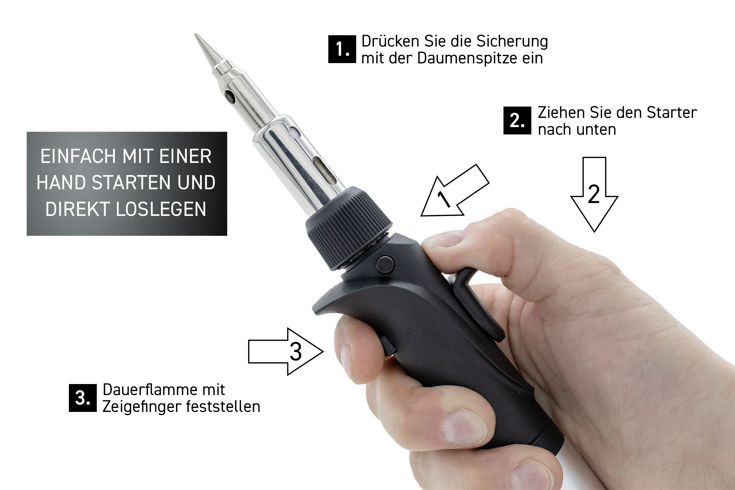 Hand, die einen Lötkolben mit Anweisungen hält.