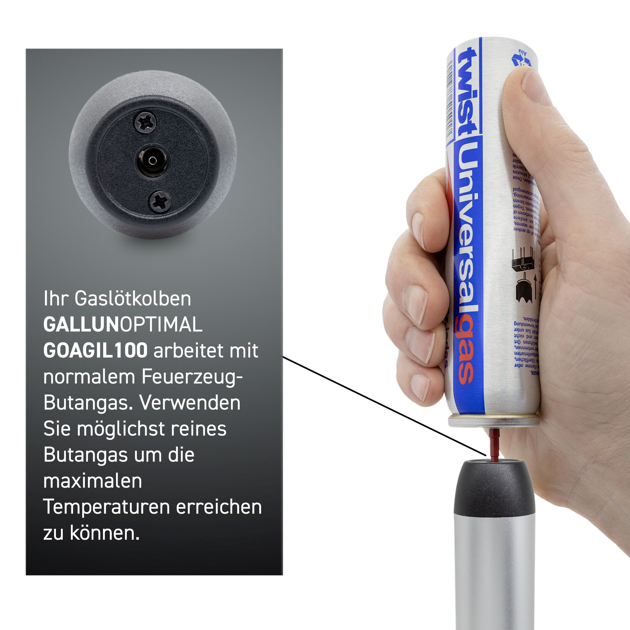 Nahaufnahme eines metallischen Lötkolbens. Text ist auf Deutsch. Grauer Hintergrund.