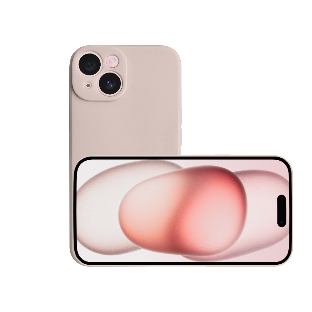 Smartphone, rosa Rückseite und Kamera, Bildschirm zeigt abstrakte rosa und weiße Formen.