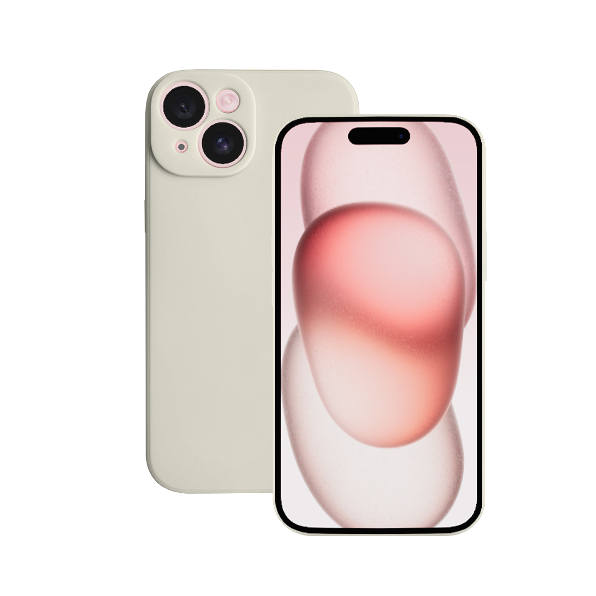 Zwei elfenbeinfarbene Telefone, eines mit der Vorderseite, mit einem abstrakten rosa Hintergrund auf dem Bildschirm.
