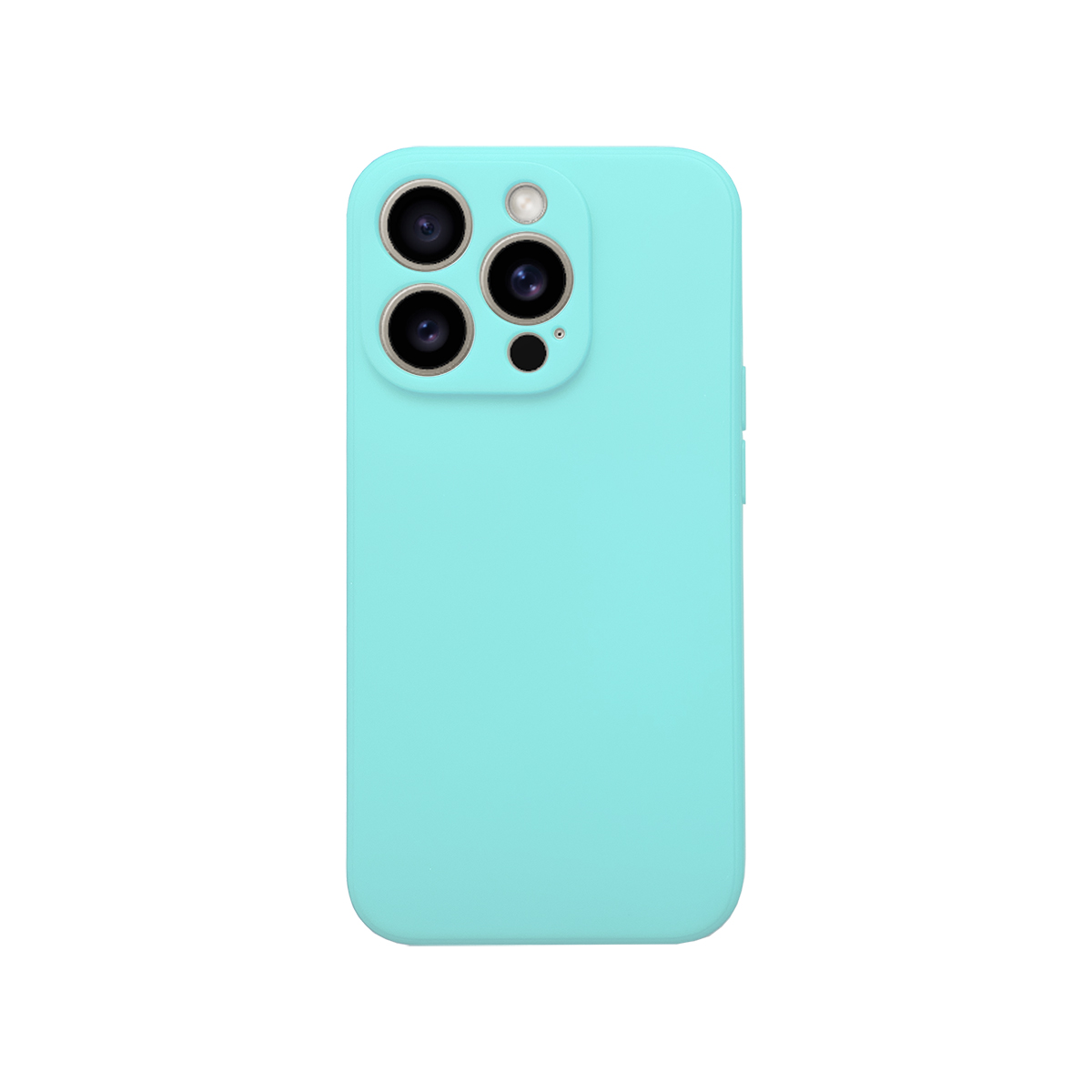 Eine hellblaue Handyhülle für ein Telefon mit drei Kameras. Weißer Hintergrund.