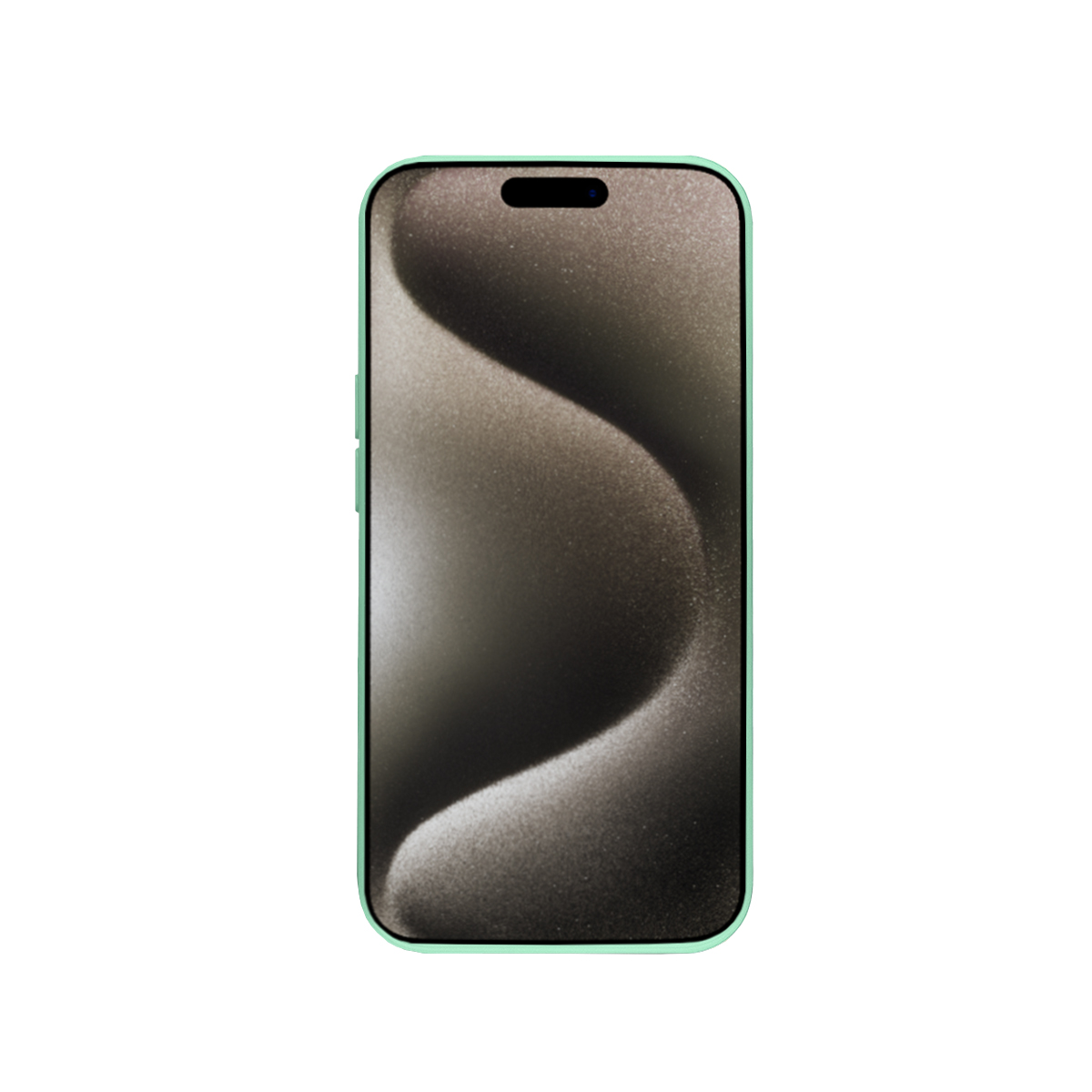 Mintgrünes Telefon mit dunklem Bildschirm. Das Telefon hat ein glattes, geschwungenes Design mit zentraler Kamera.