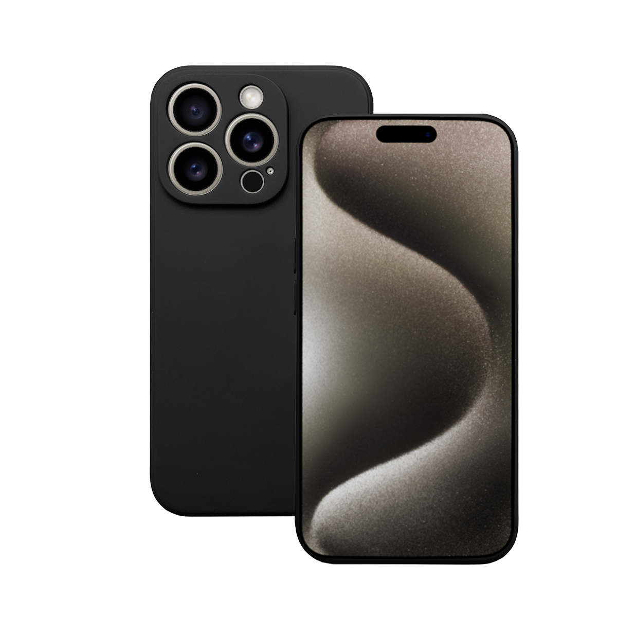 Schwarzes Smartphone, Rück- und Vorderansicht. Rückseite mit Kameras, Vorderseite mit Display.
