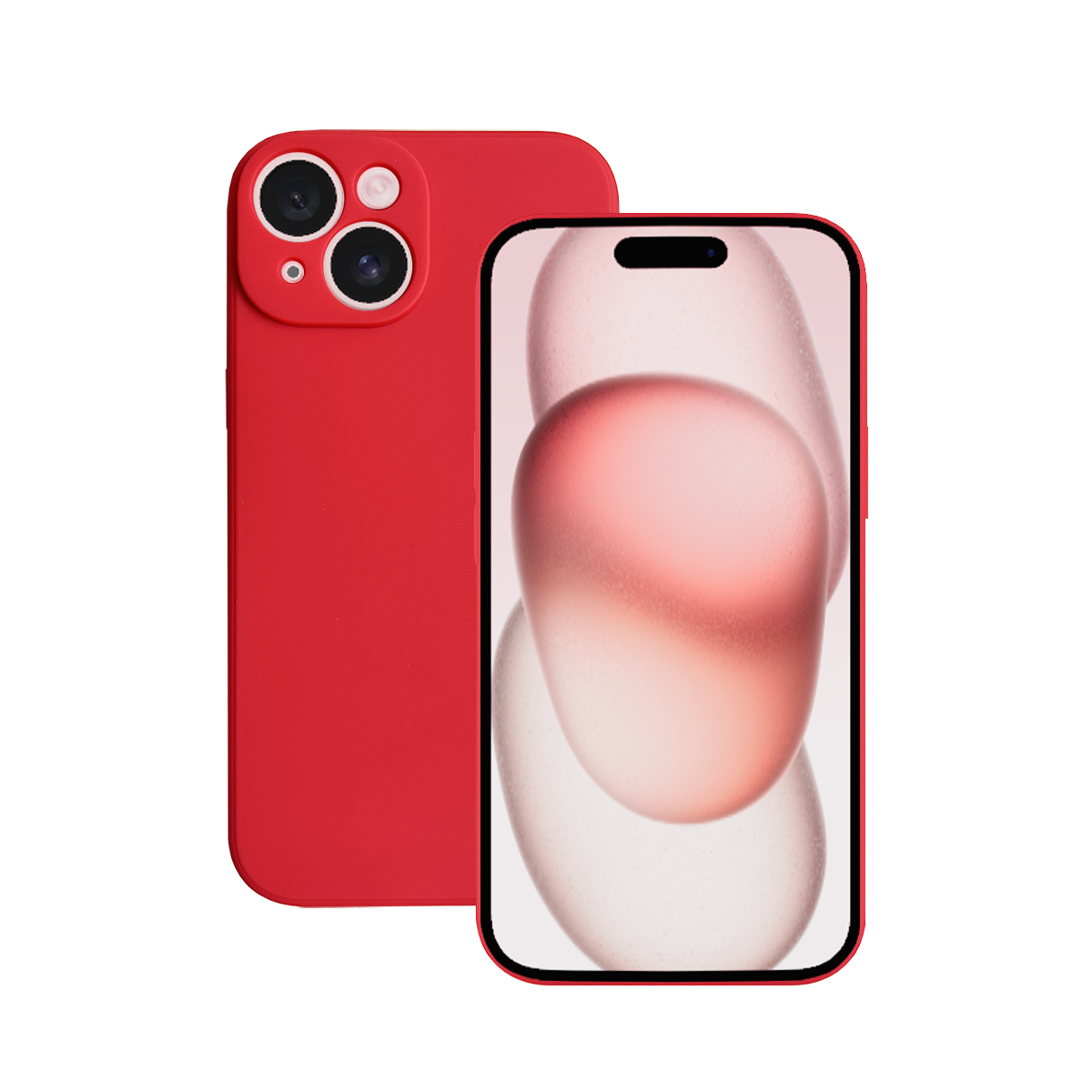 Ein rotes Telefon auf dem Rücken und ein Telefon mit einem Bildschirm, der einen verschwommenen Hintergrund zeigt.
