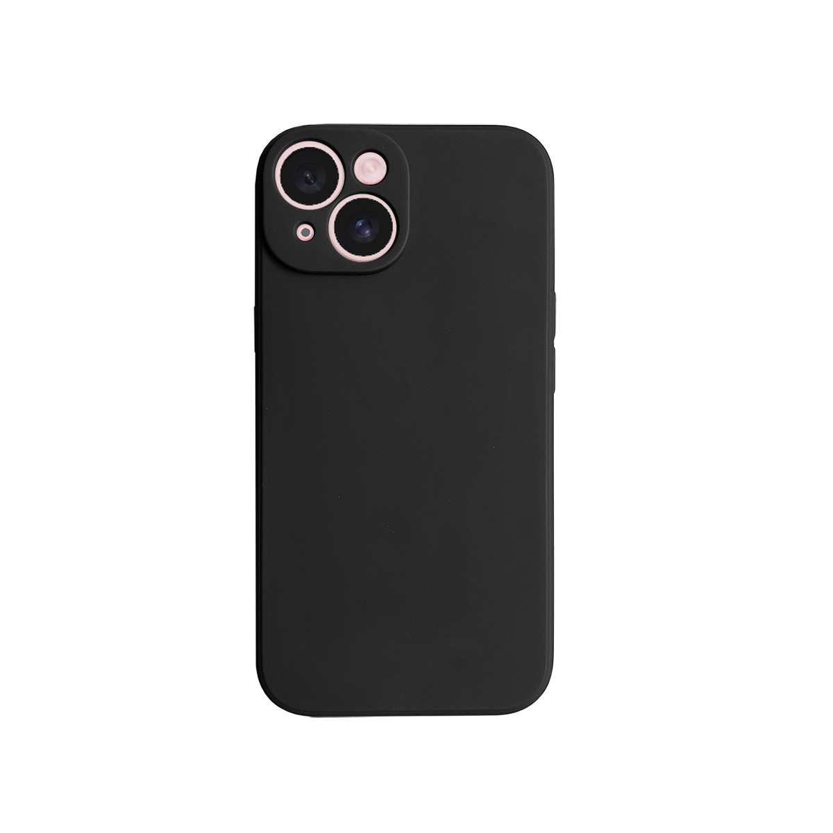 Schwarze iPhone-Hülle mit Kameramodul und rosafarbenen Kameraringen. Weißer Hintergrund.