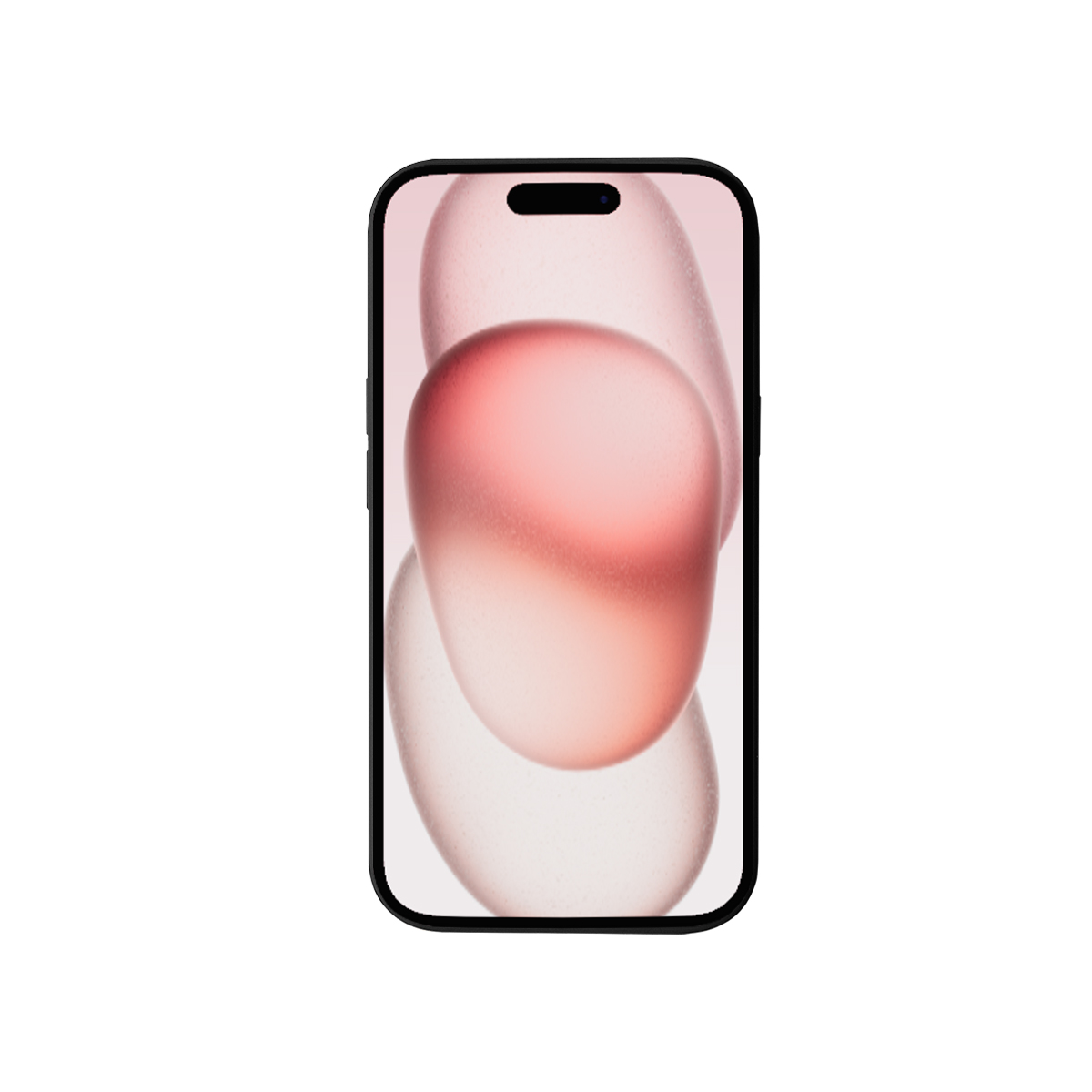 Ein schwarzes Telefon mit einem Bildschirm, der rosa und weiße abstrakte Formen anzeigt. Weißer Hintergrund.
