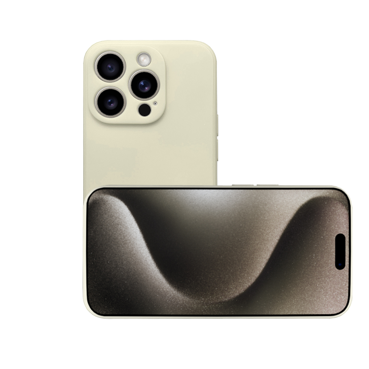 Beiges Telefon mit Dreifachkamera vor weißem Hintergrund. Das Display zeigt ein wellenförmiges Design.