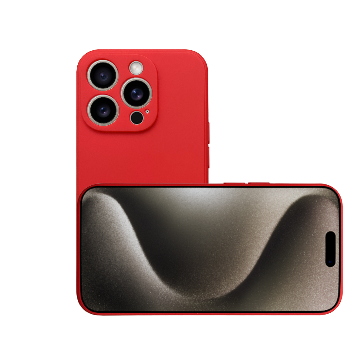 Rotes Telefon mit Dreifachkamera, Vorderansicht zeigt den Bildschirm. Weißer Hintergrund.
