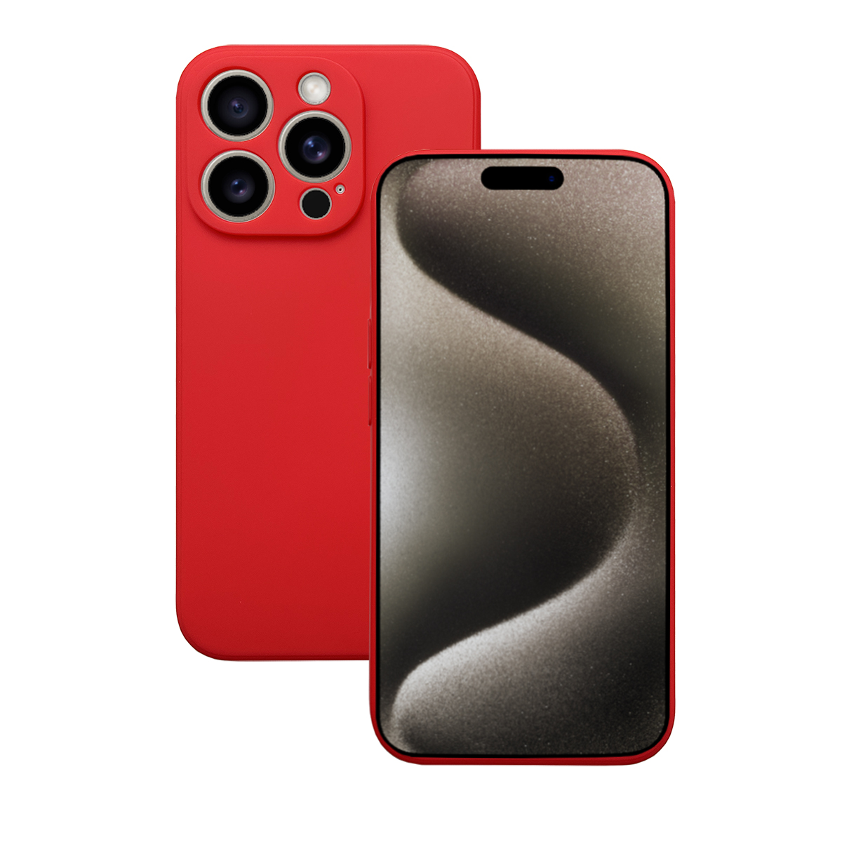 Ein rotes Telefon mit drei Kameras auf der Rückseite und einem Bildschirm mit verschwommenem Bild.