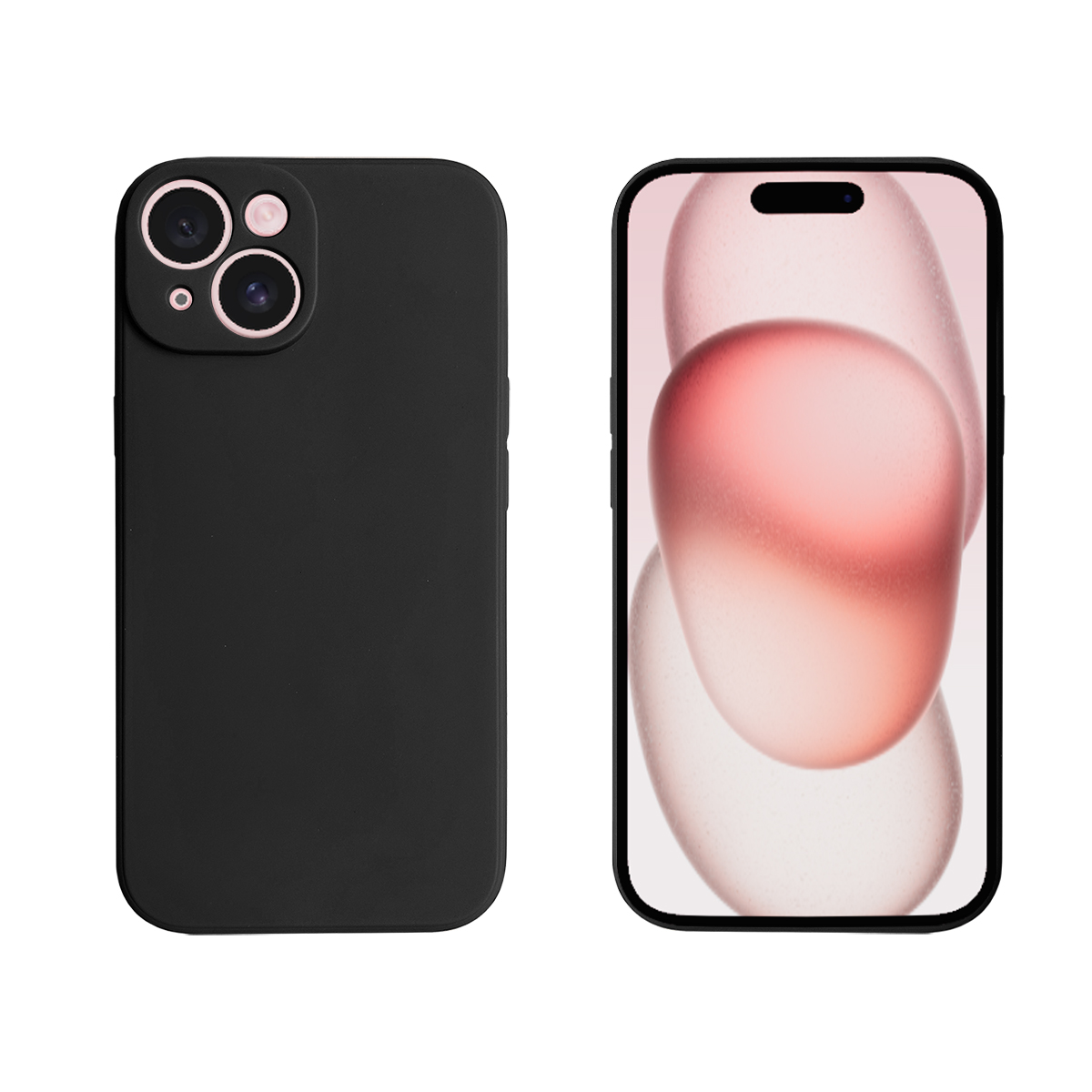 Zwei Telefone. Eines mit schwarzer Hülle, das andere mit Bildschirm mit rosa-weißem Design.