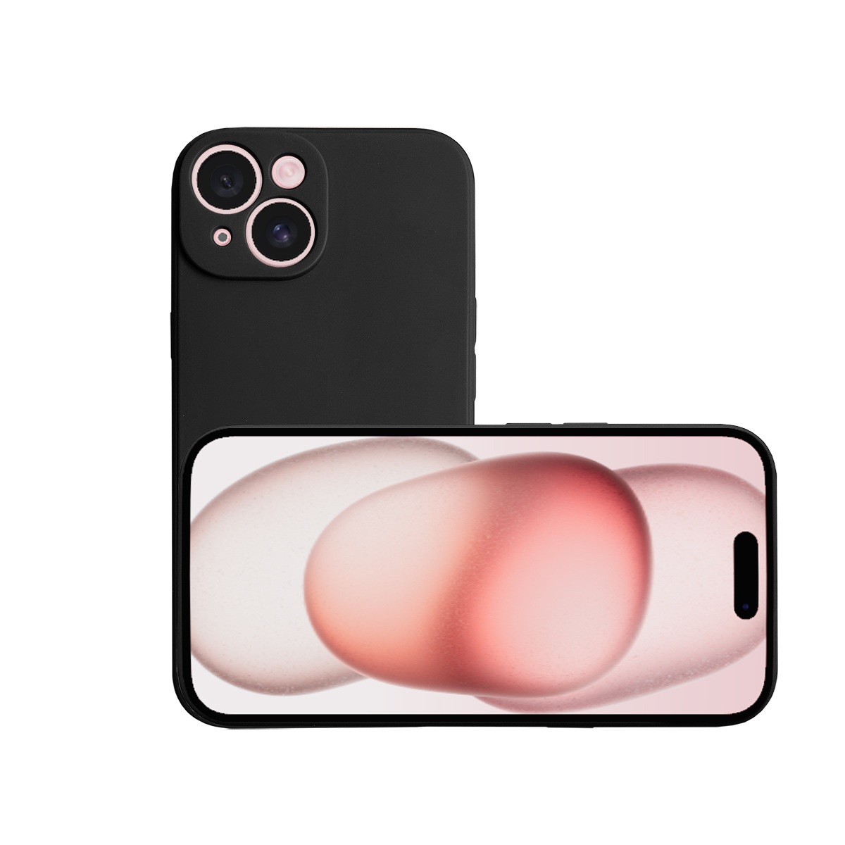 Zwei Telefone, eines mit schwarzer Hülle und das andere flach liegend mit rosa Bildschirm.
