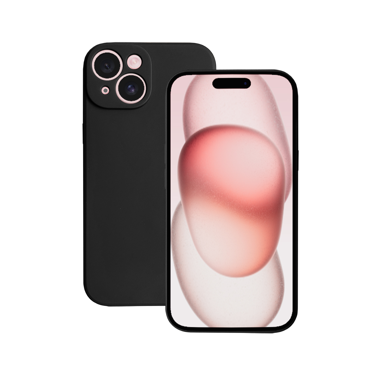 Ein schwarzes Telefon mit einem rosa Kameramodul und ein Telefon-Rendering mit rosa Hintergrund.