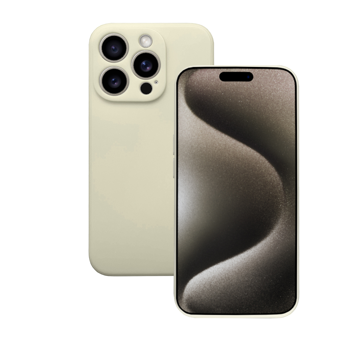 Ein modernes cremefarbenes und goldenes Telefon mit drei Rückkameras. Das Display zeigt ein verschwommenes Bild.