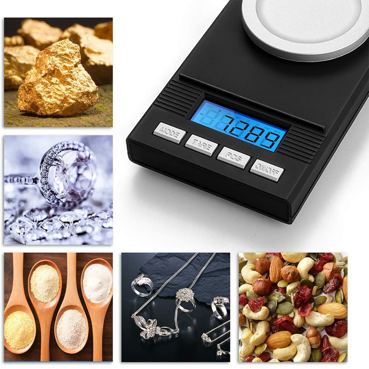 Schmuck und Waage mit Goldnuggets, Ring und Nüssen. Weißer Hintergrund.