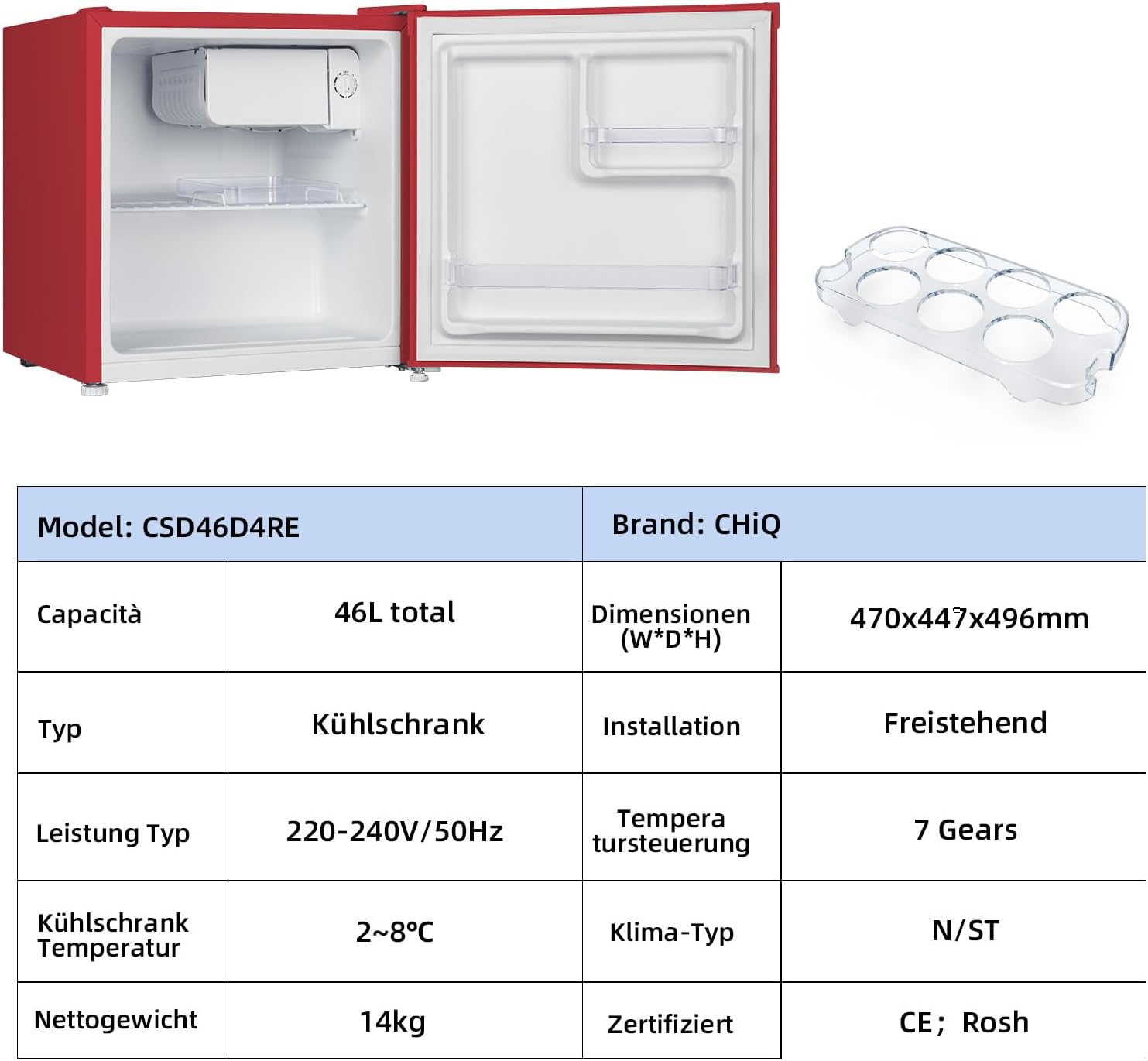 CHIQ CSD46D4RE Kühlschrank mm hoch, (E, Rot) 496