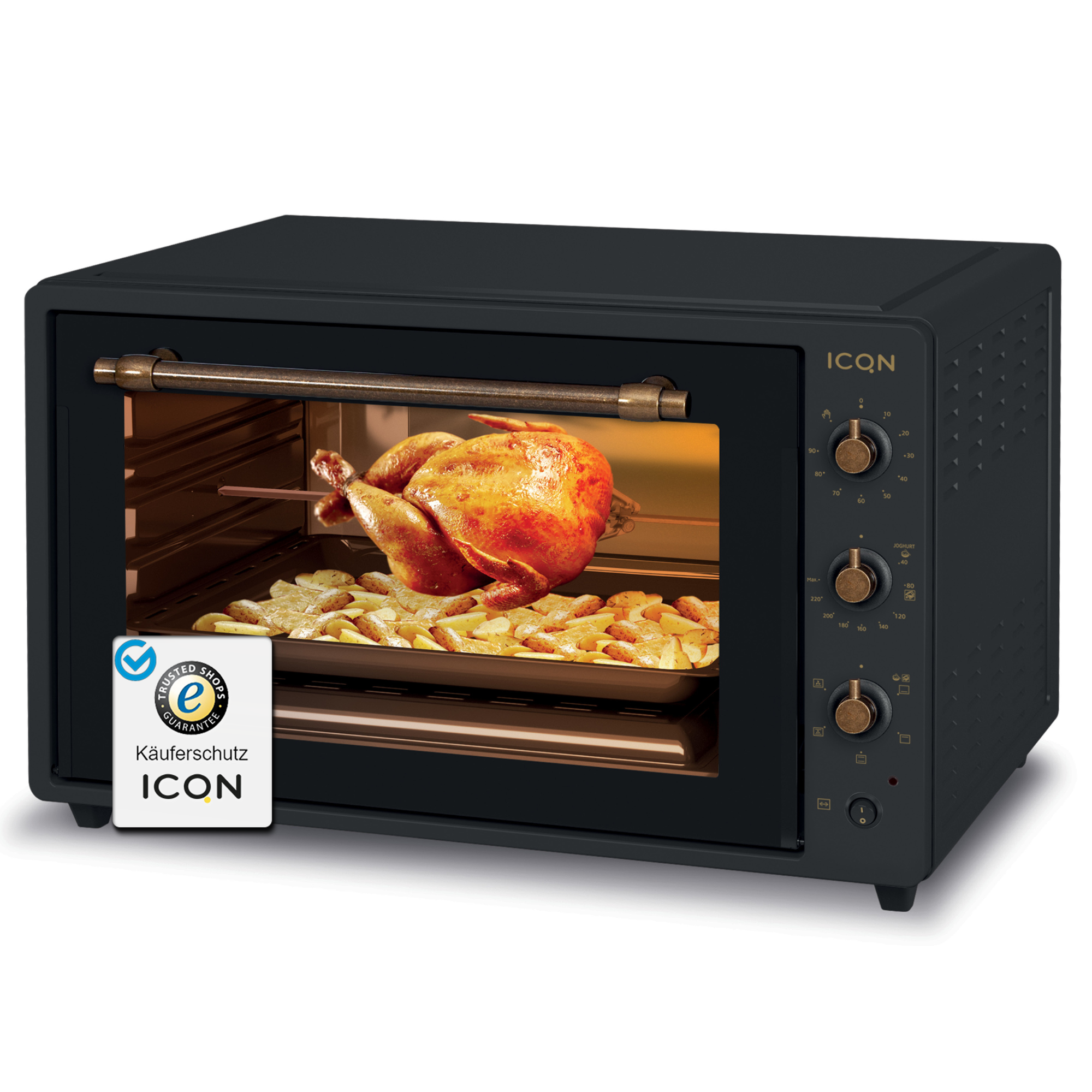 ICQN 60 L, & Nostalgisch Schwarz 2000 W, Rustik Doppelverglasung, Mini-Backofen, Umluft, Innenbeleuchtung Minibackofen