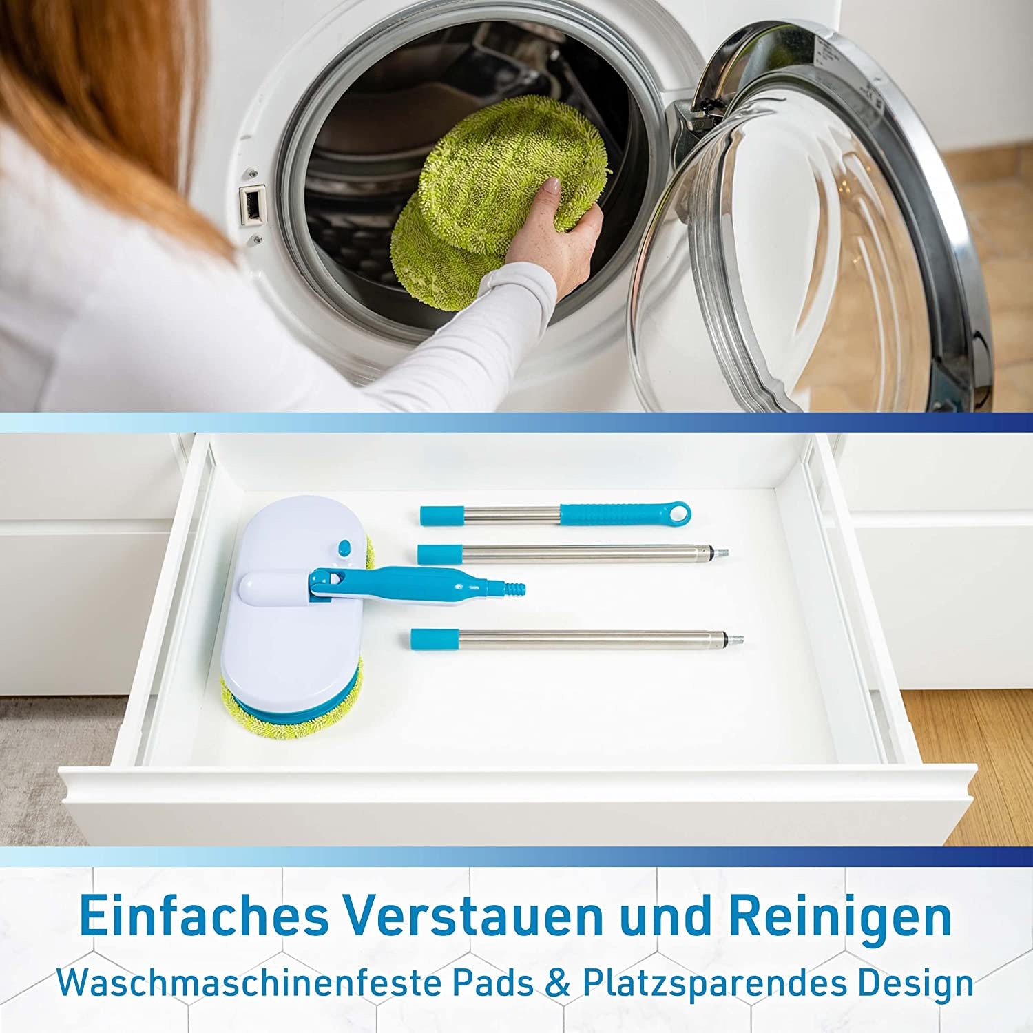 Frau legt grünes Reinigungspad in die Waschmaschine. Weiße Schublade mit Reinigungswerkzeugen sichtbar.