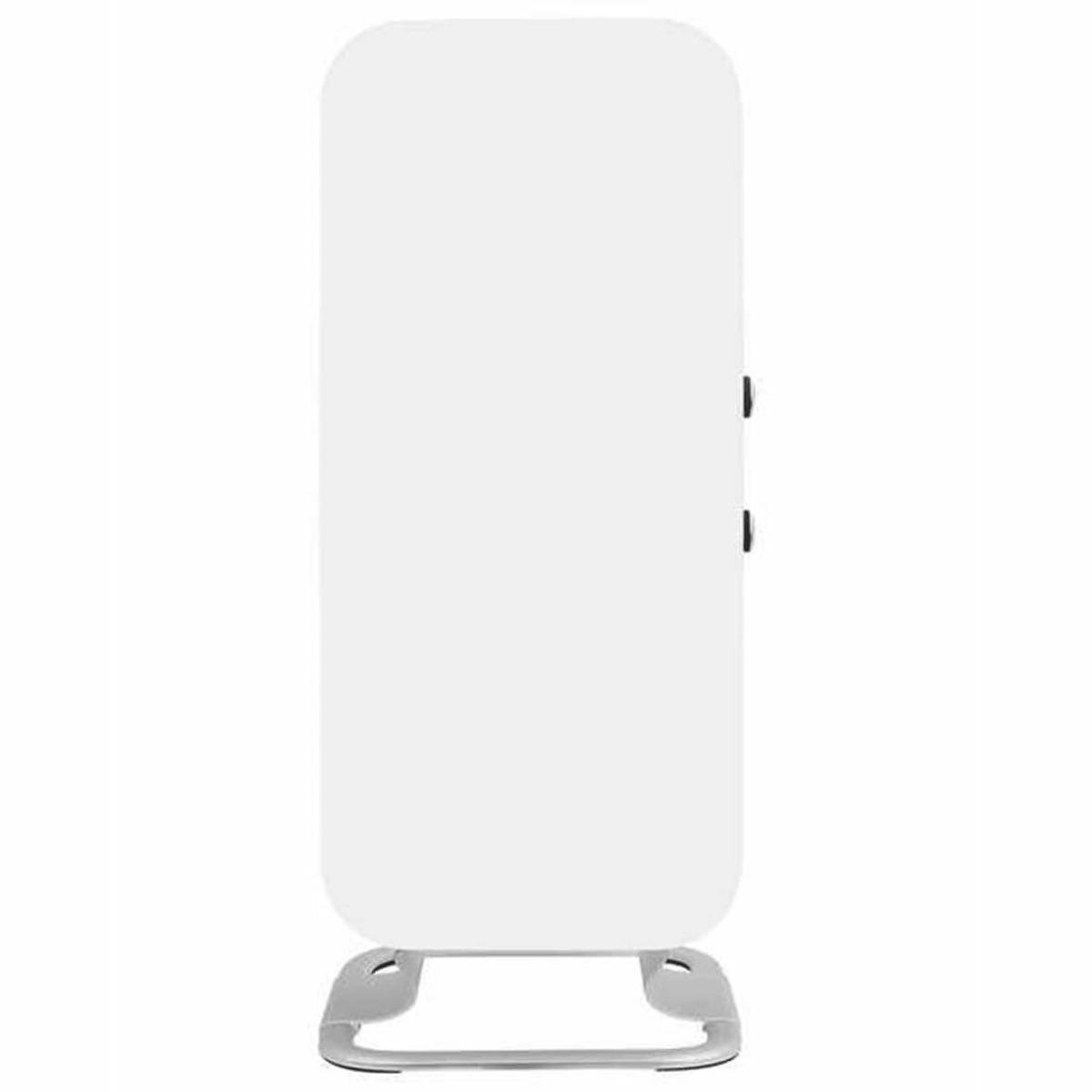 Witte luchtreiniger, zijaanzicht. Eenvoudig ontwerp met afgeronde hoeken en standaard.