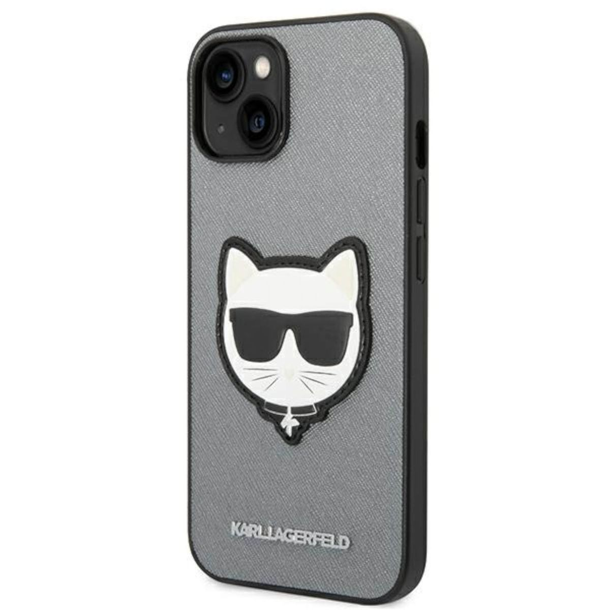 Una custodia grigia per iPhone con un design a forma di faccia di gatto bianco e occhiali da sole neri. Il marchio è visibile.