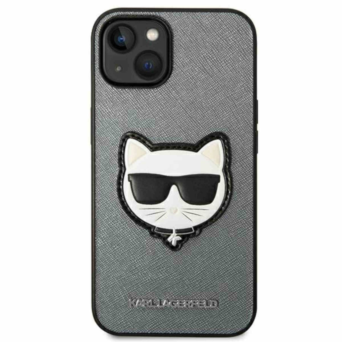 Custodia grigia per telefono con un design a forma di gatto con occhiali da sole. Il nome del marchio è scritto sotto il gatto.