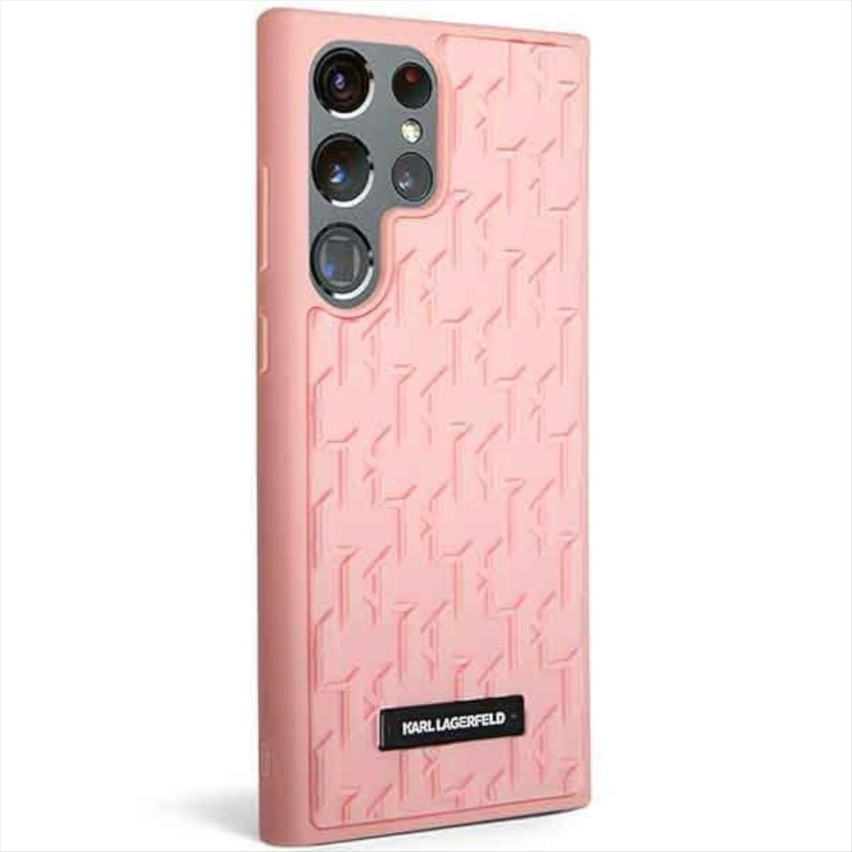 Una custodia per telefono Karl Lagerfeld rosa. Ha un motivo strutturato e il logo del marchio in basso.