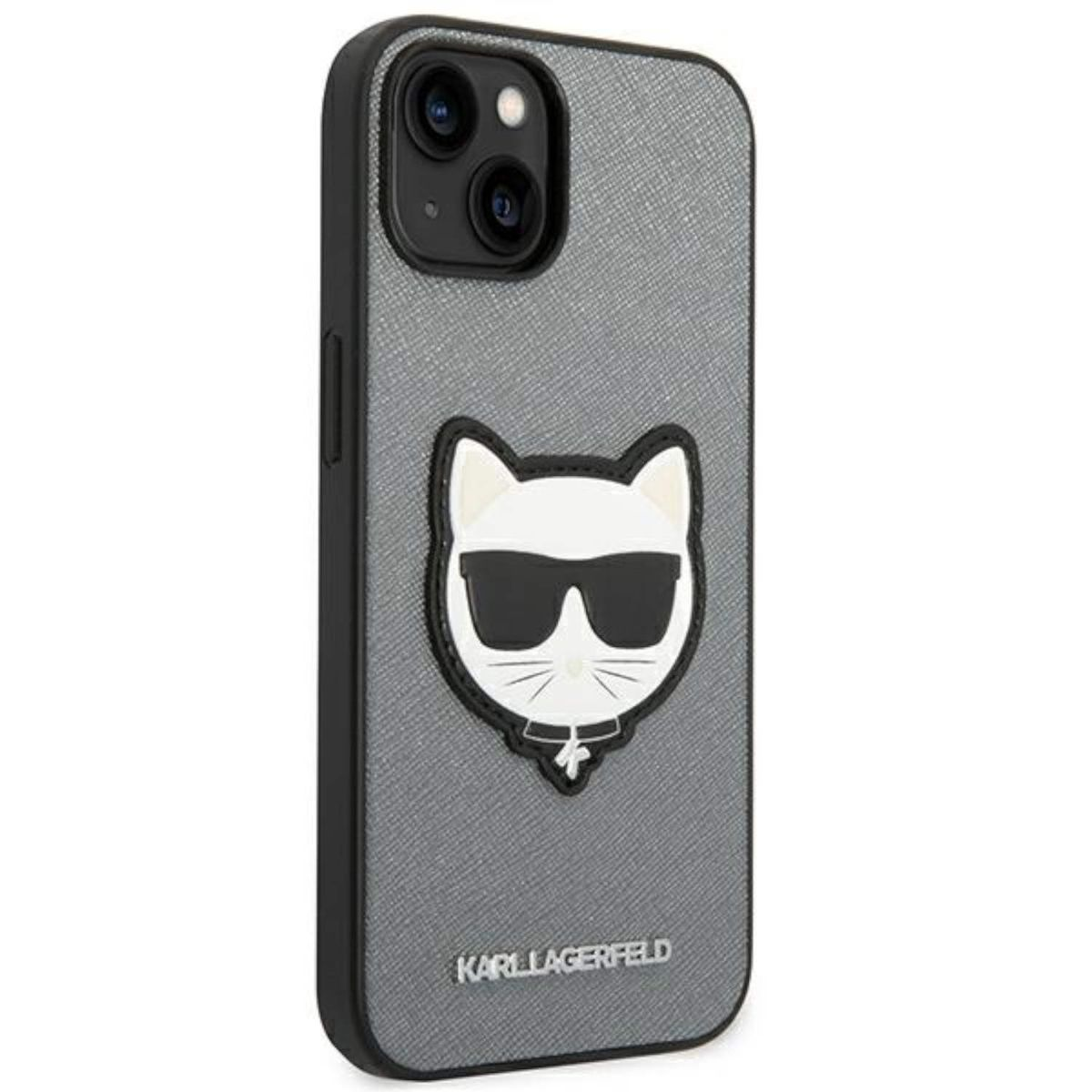 Custodia per telefono con design a volto di gatto e occhiali da sole, sfondo grigio, bordi neri.