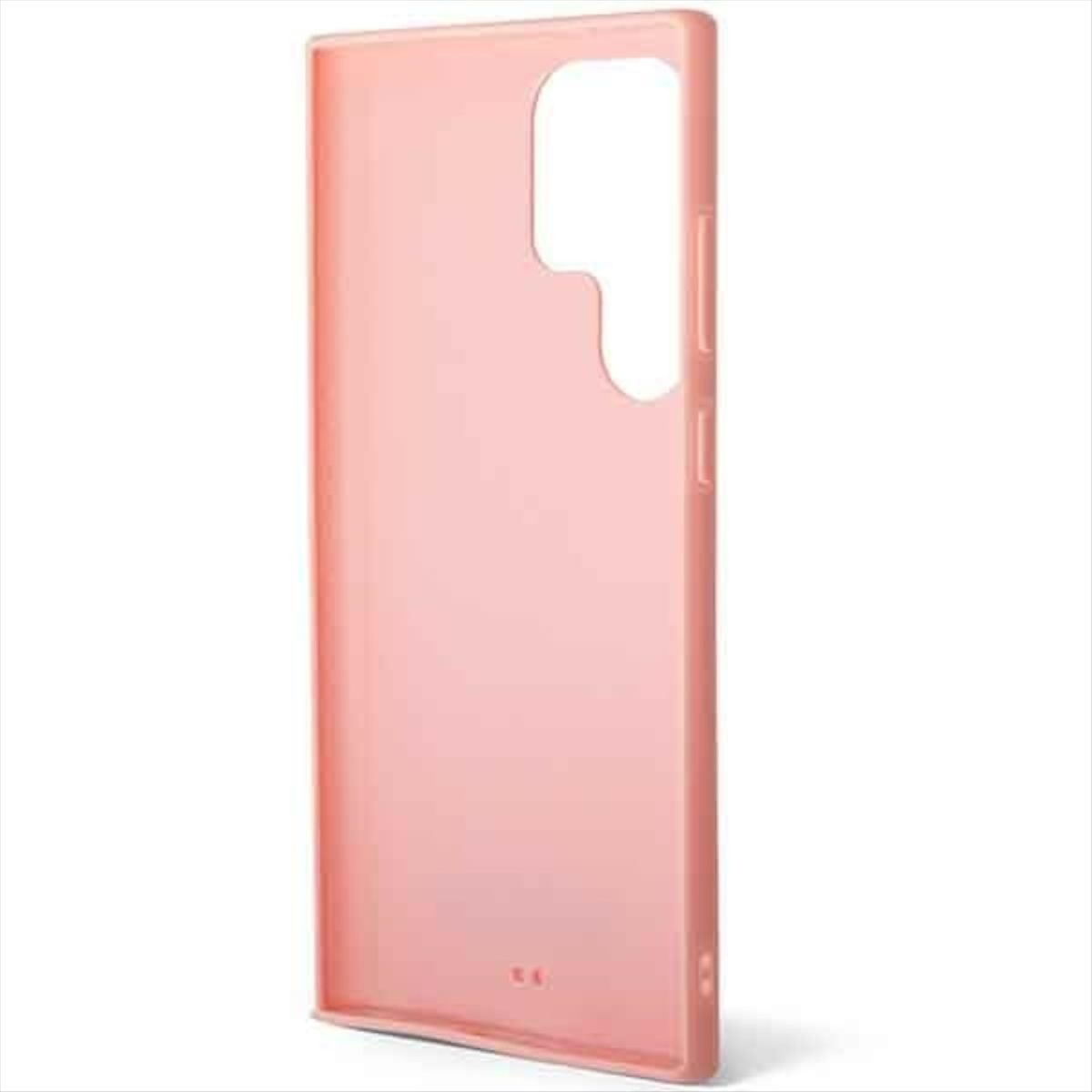 Custodia rosa per telefono, progettata per un telefono con protuberanza della fotocamera, in piedi.