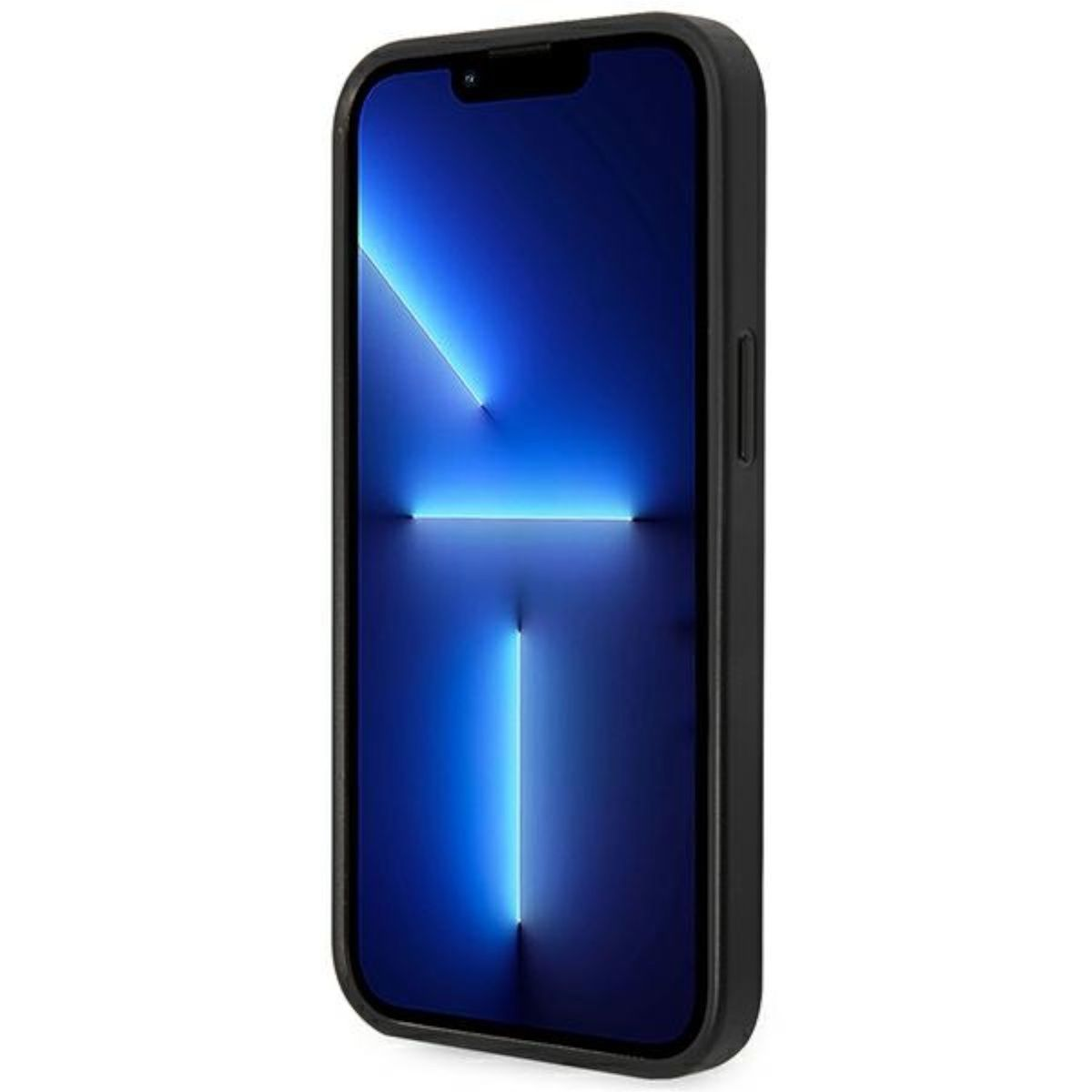 Telefono nero con custodia nera. Lo schermo mostra un'immagine blu e bianca.