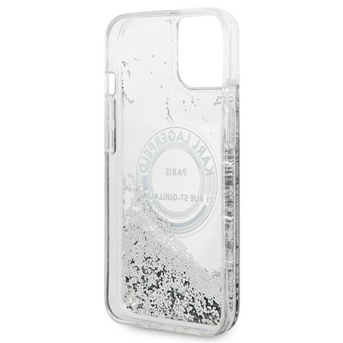 Transparente Handyhülle mit Glitzerdesign, Logo und Kameraöffnung.