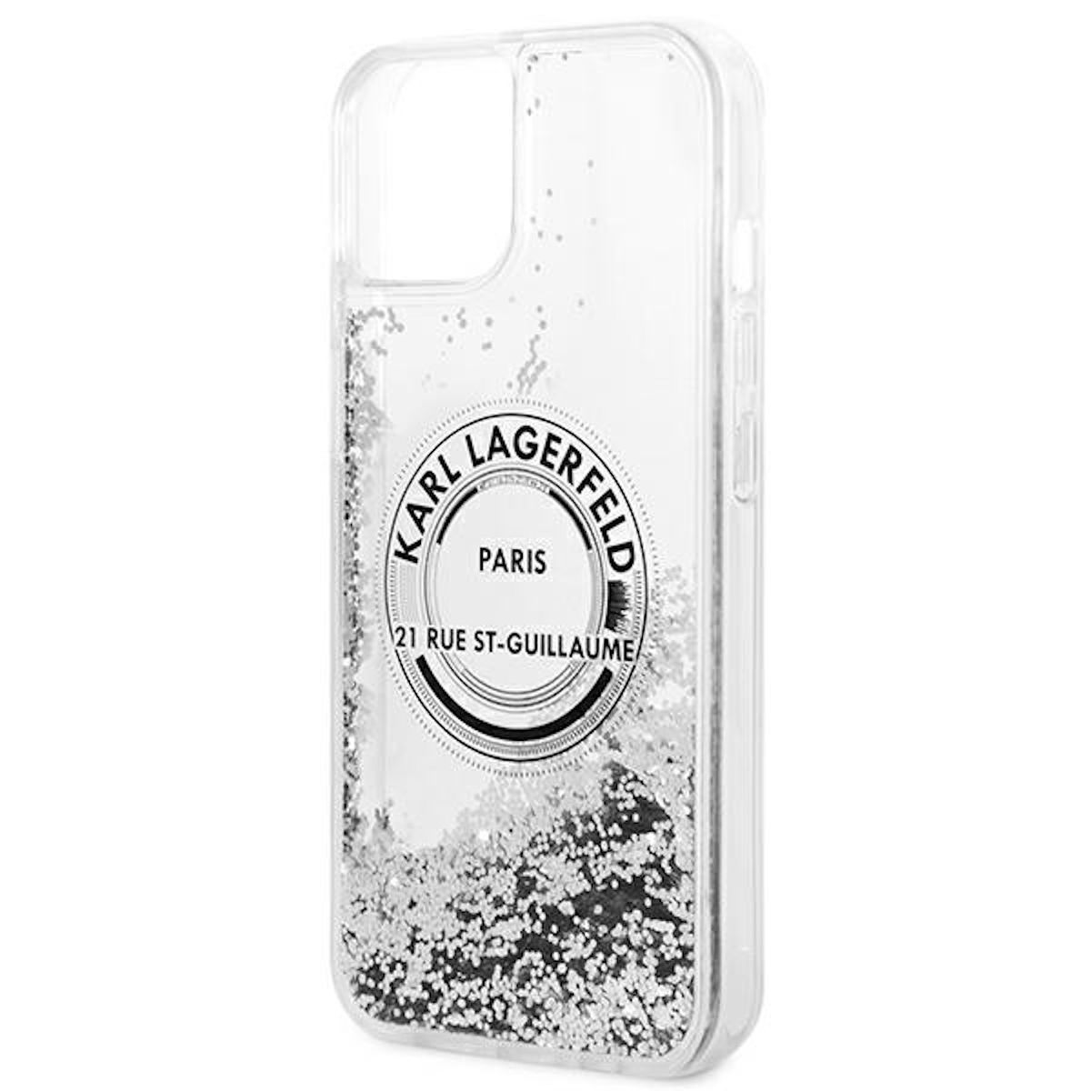 Eine transparente iPhone-Hülle mit dem Karl Lagerfeld-Logo und Glitzer. Die Hülle ist für ein iPhone.
