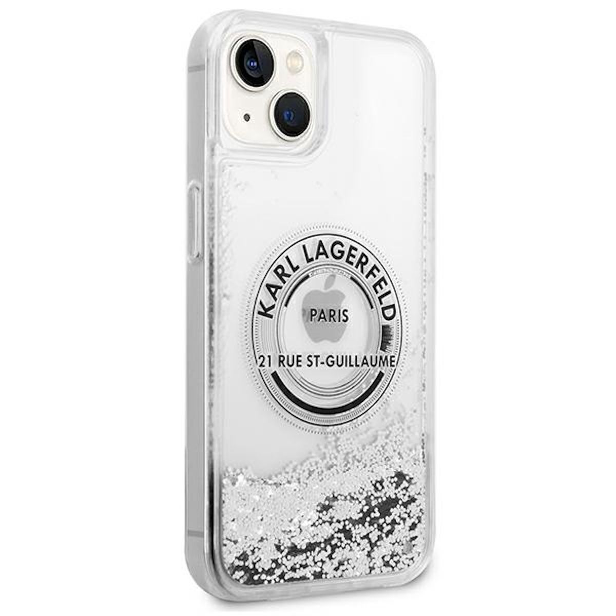 Transparente Handyhülle für iPhone mit Karl Lagerfeld Logo und Glitzer am Boden.