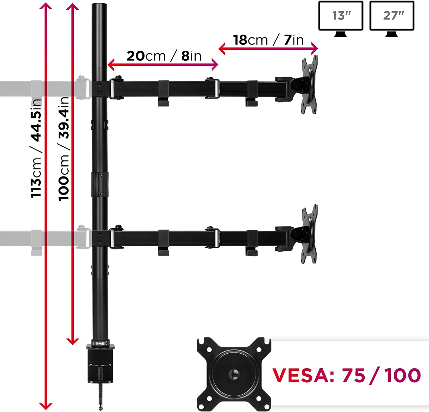 Monitorständer mit zwei Armen. Abmessungen sind angegeben: 113 cm/44,5 Zoll Höhe, 20 cm/8 Zoll Breite.
