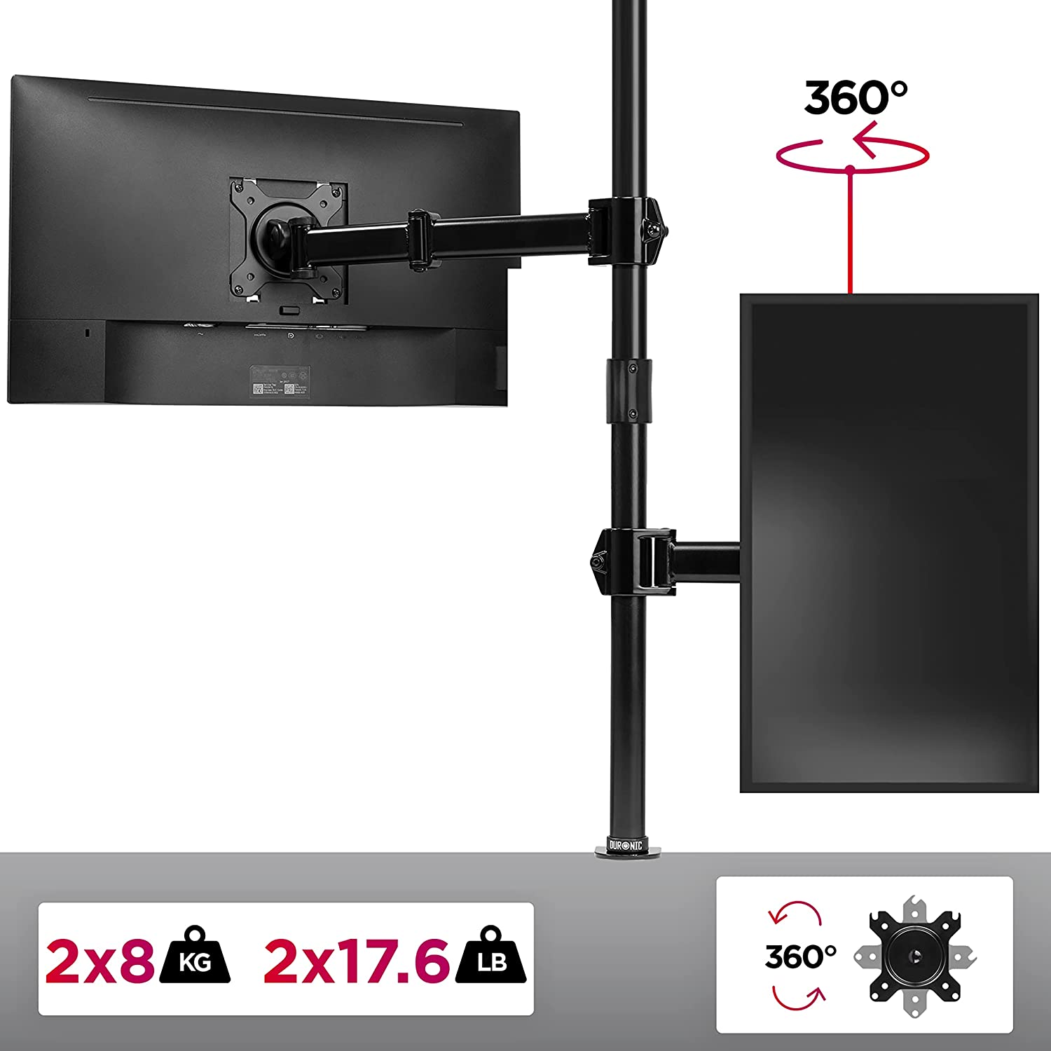 Doppel-Monitorhalterung mit zwei Bildschirmen, Gewichtsangaben und 360-Grad-Rotationskennzeichnungen.