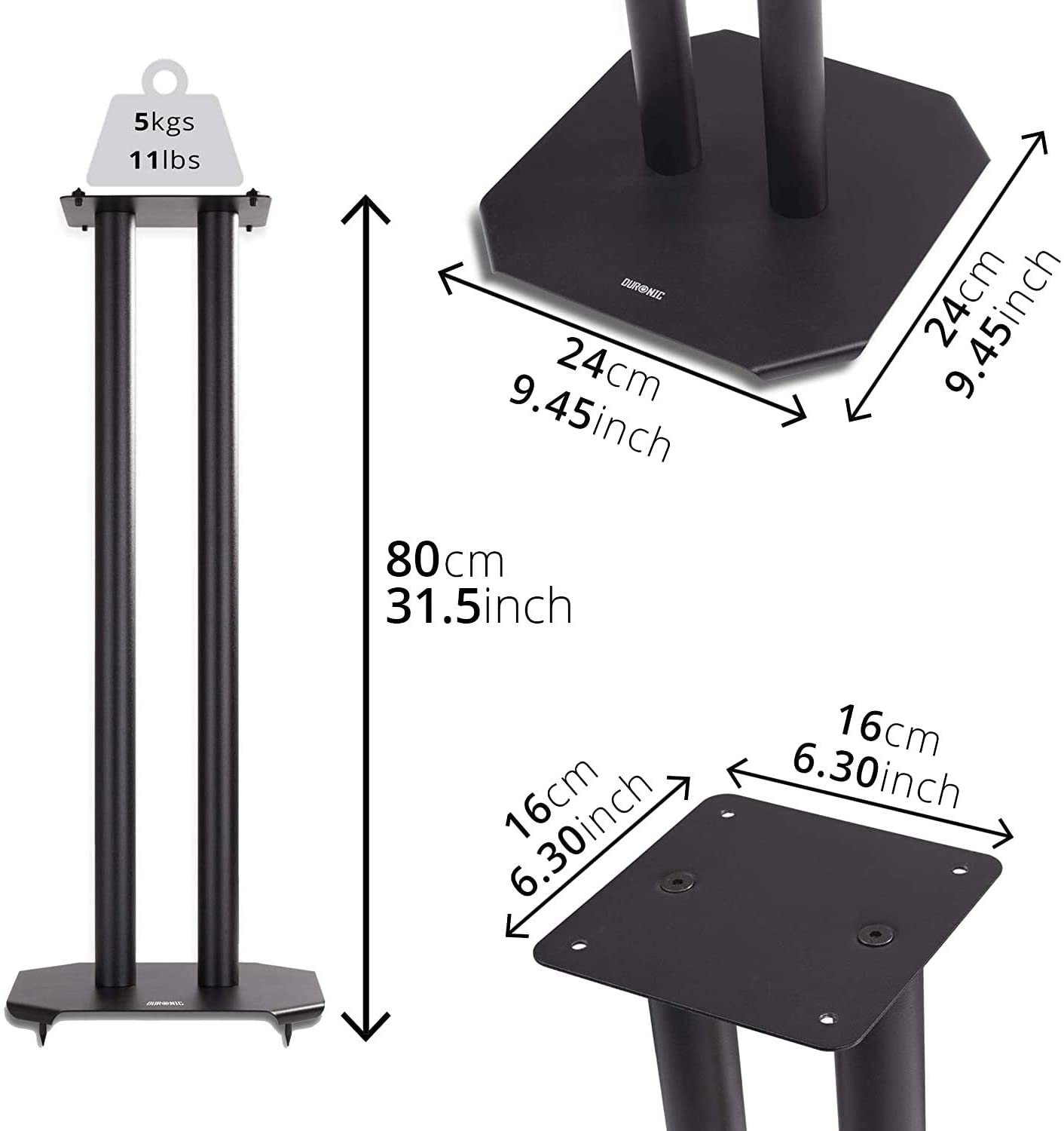 Schwarze Lautsprecherständer, detaillierte Diagramm mit Messungen und Abmessungen. Weißer Hintergrund.