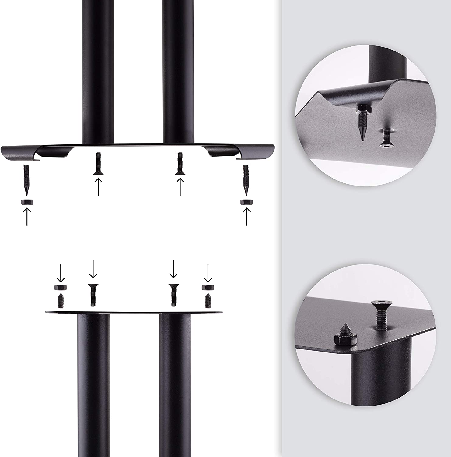 Diagramm mit schwarzen TV-Ständerteilen mit Schrauben und Pfeilen zur Montage. Zwei detaillierte Nahaufnahmen sind vorhanden.