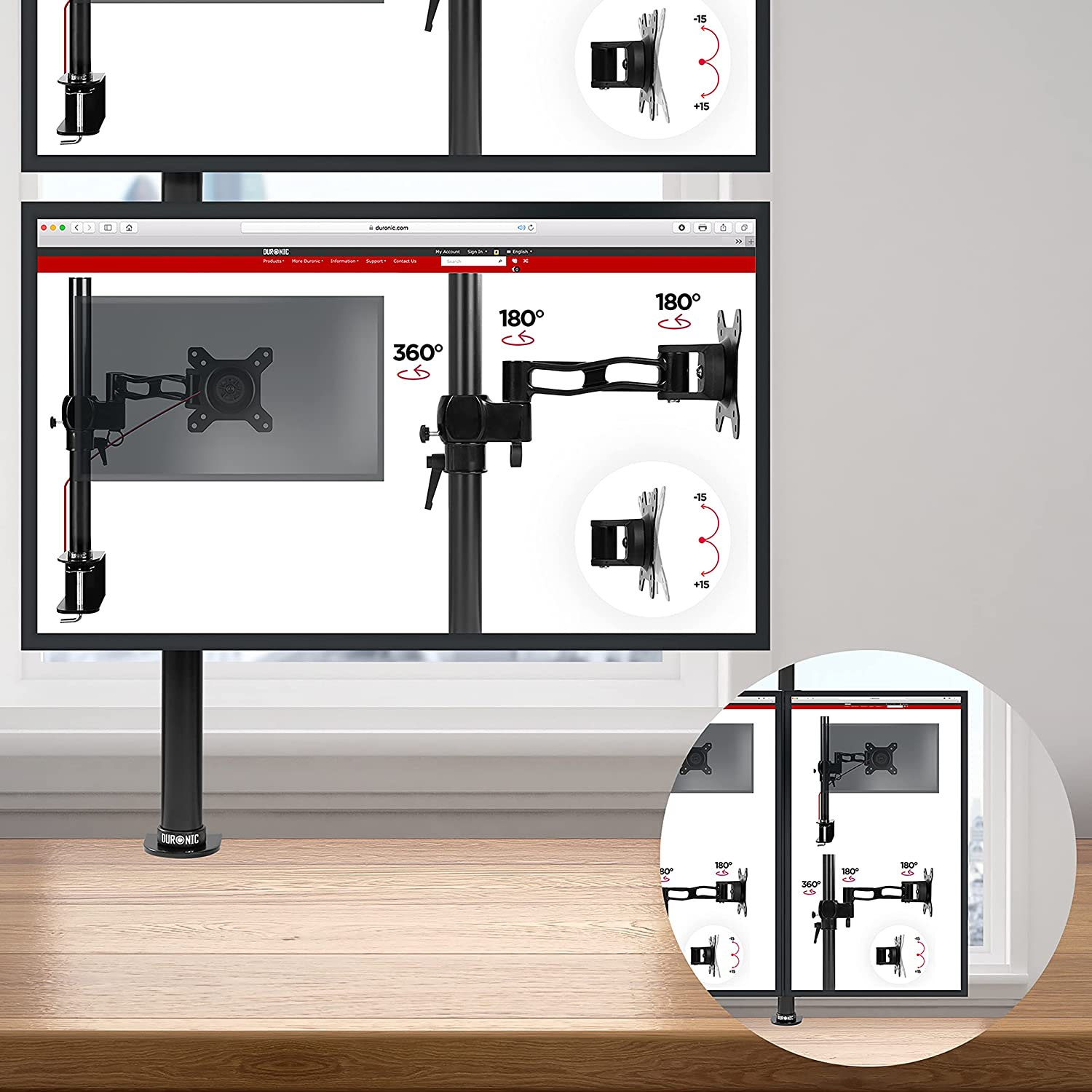 Monitore auf einem Ständer montiert, mit Diagrammen, die Schwenk- und Drehwinkel zeigen.