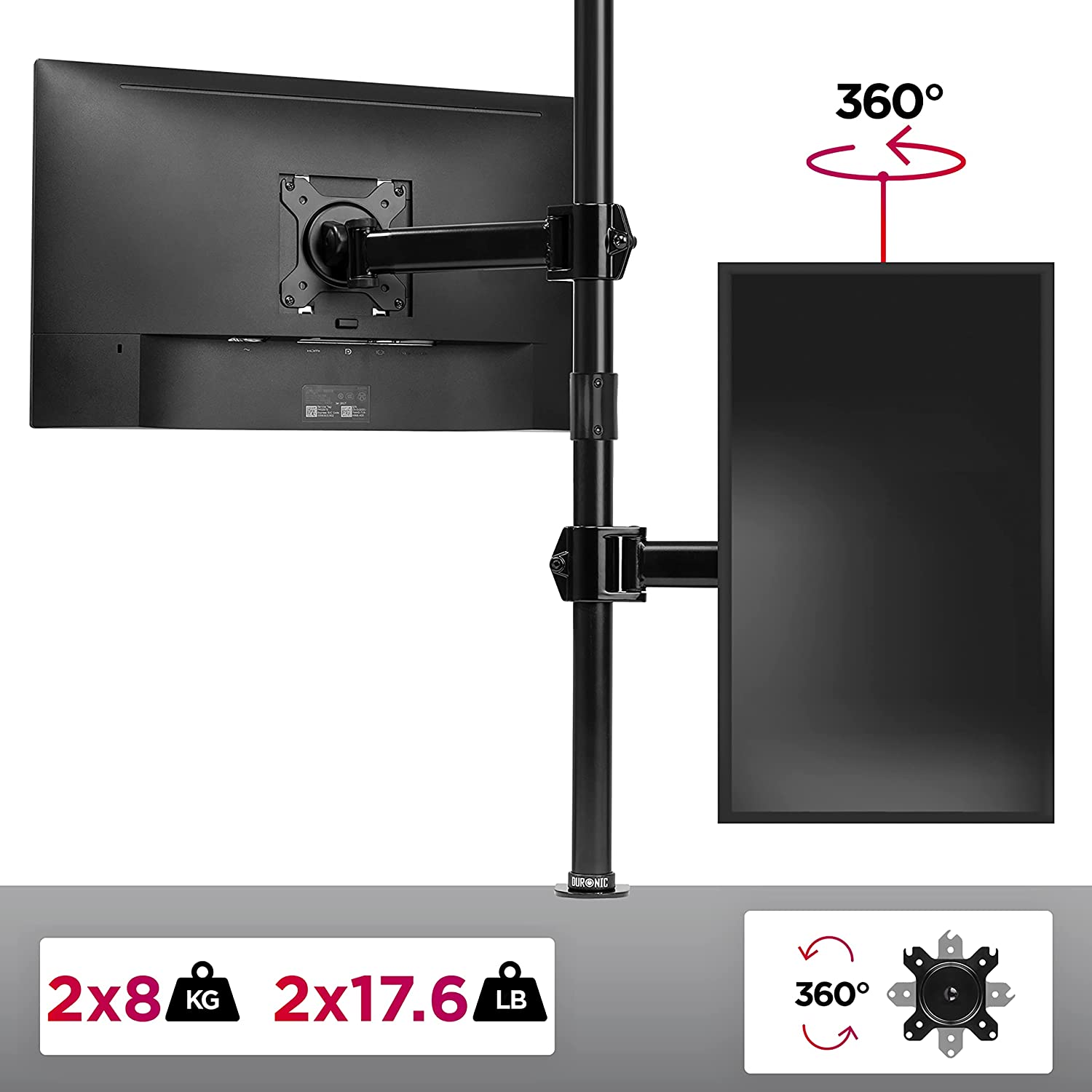 Ein Doppelmonitorarm mit zwei Bildschirmen und einer Drehfunktion.