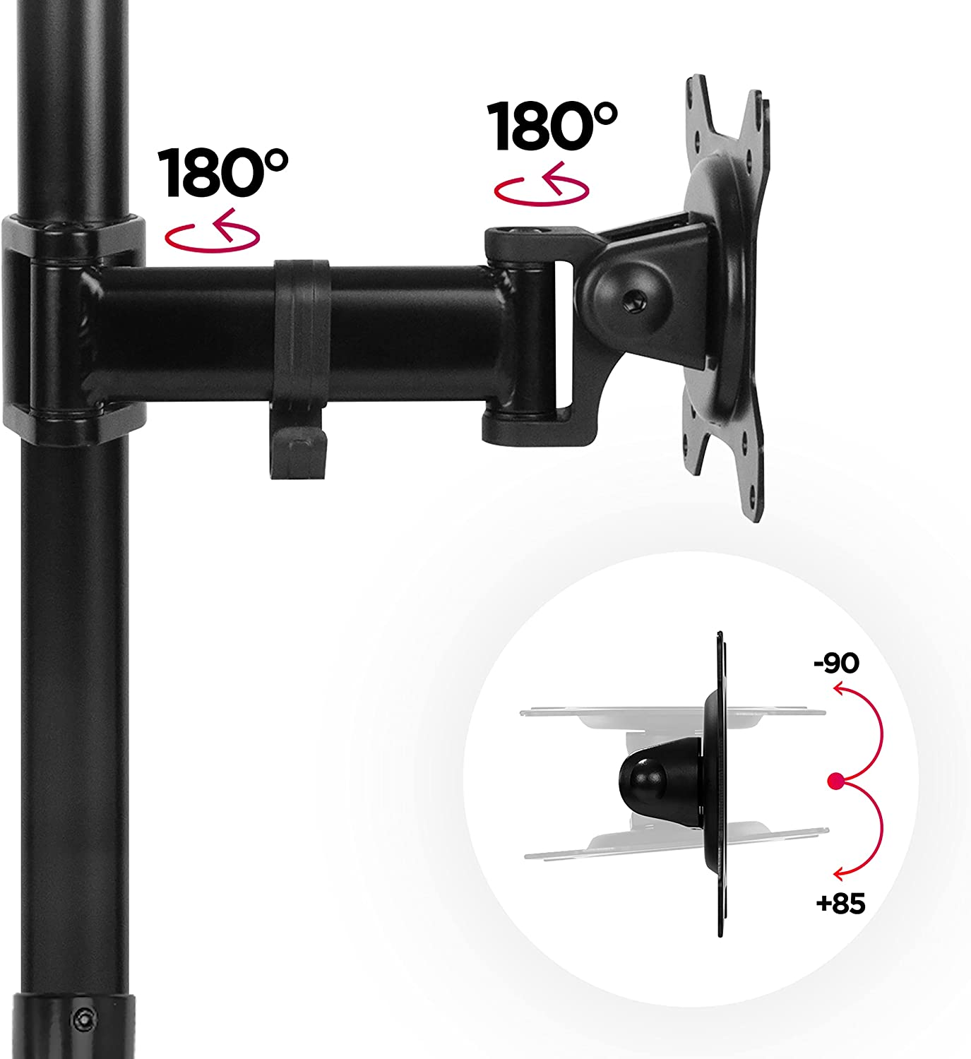 Ein schwarzer Monitorarm mit drehbarer Halterung. Zeigt 180° und -90°/+85° Bewegung.