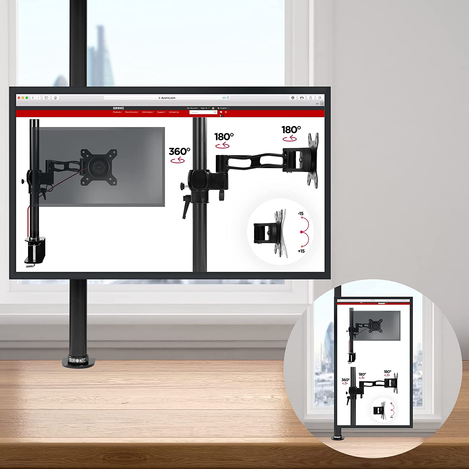 Monitorarm auf einem Schreibtisch, mit Diagrammen und Fensteransicht.