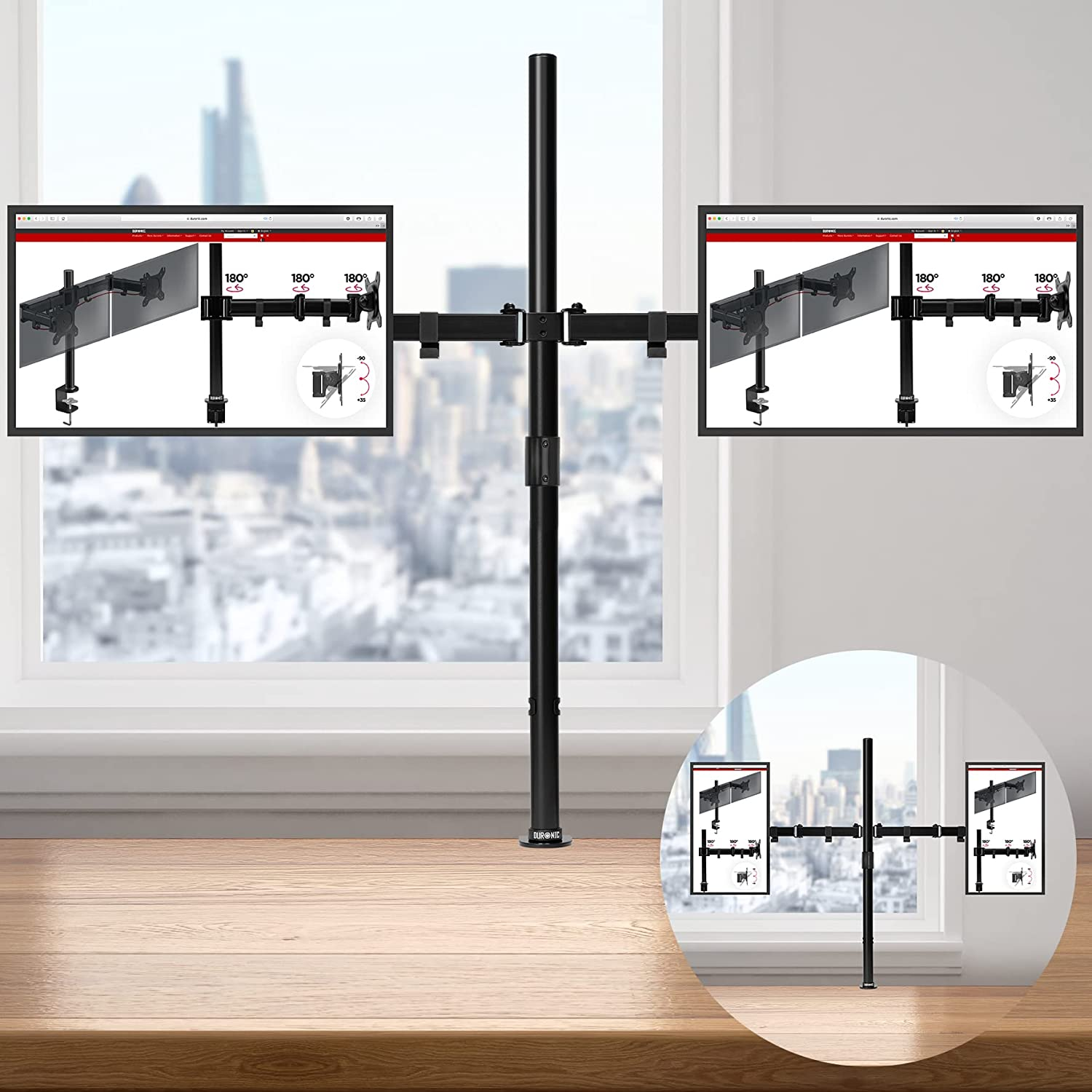 Doppel-Monitorständer mit zwei Monitoren. Stadtansicht durch ein Fenster im Hintergrund.