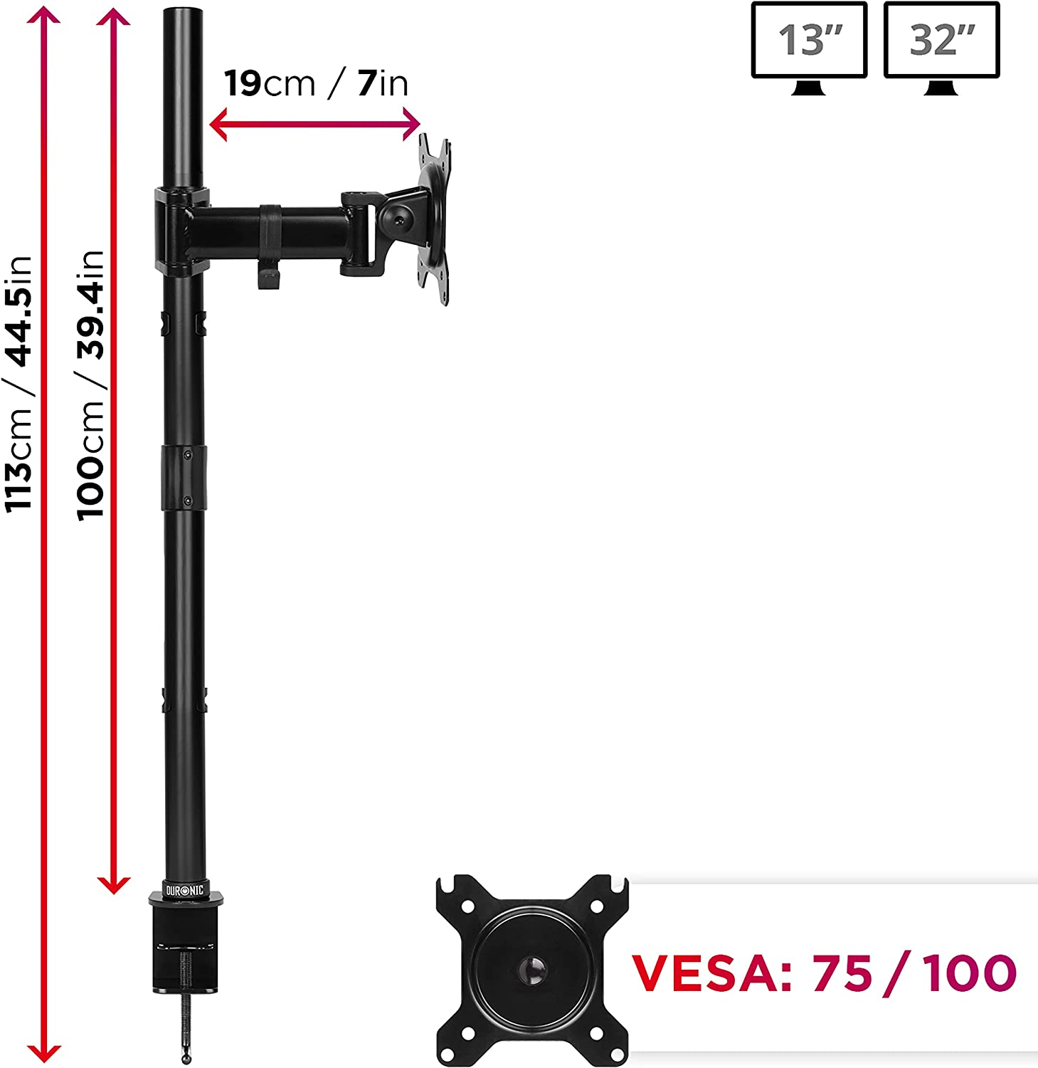 Schwarzer Monitorständer mit Messungen. Zwei Monitoren-Icons, VESA: 75/100. Weißer Hintergrund.